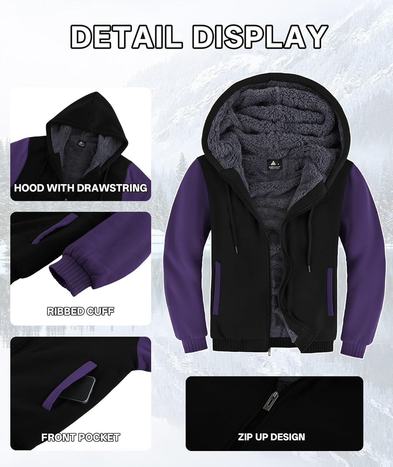 V VALANCH Men Hoodies Zip Up Sherpa Lined Sweatshirts Heavyweight Thick Warm Fleece Winter Jacket - Image 5