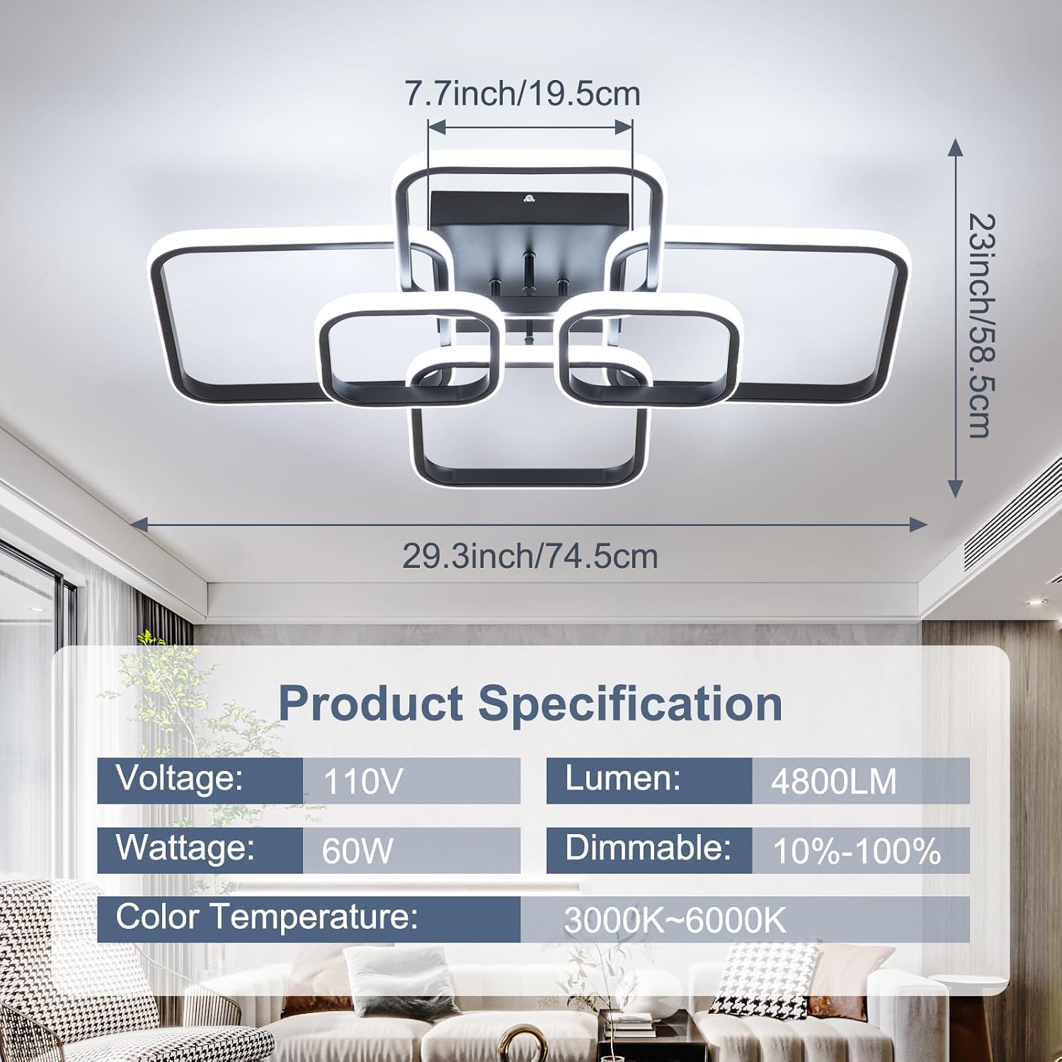 Condition photo showing New/Like New for 31.5" modern led ceiling light 6-square dimmable ceiling light fixtures with remote 3000k-6000k black close to ceilings lamp 60w for living room, bedroom black,6rings,square