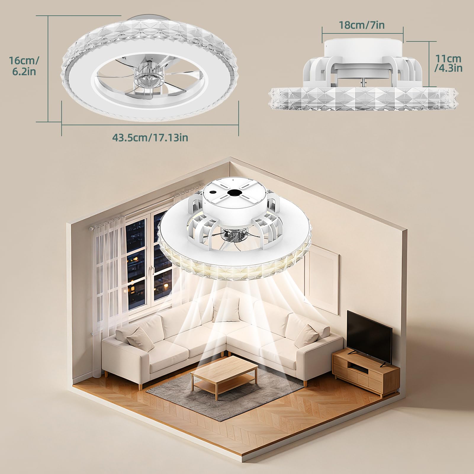 Ateroll Ventilatore da Soffitto con Luce Ø43.5CM, DC 25W LED 25W Dimmerabile 3CCT (3000K-4000K-6500K)+RGB, 6 Velocità, Timer, Memoria delle impostazioni, Adatto per Camera da Letto, Soggiorno
