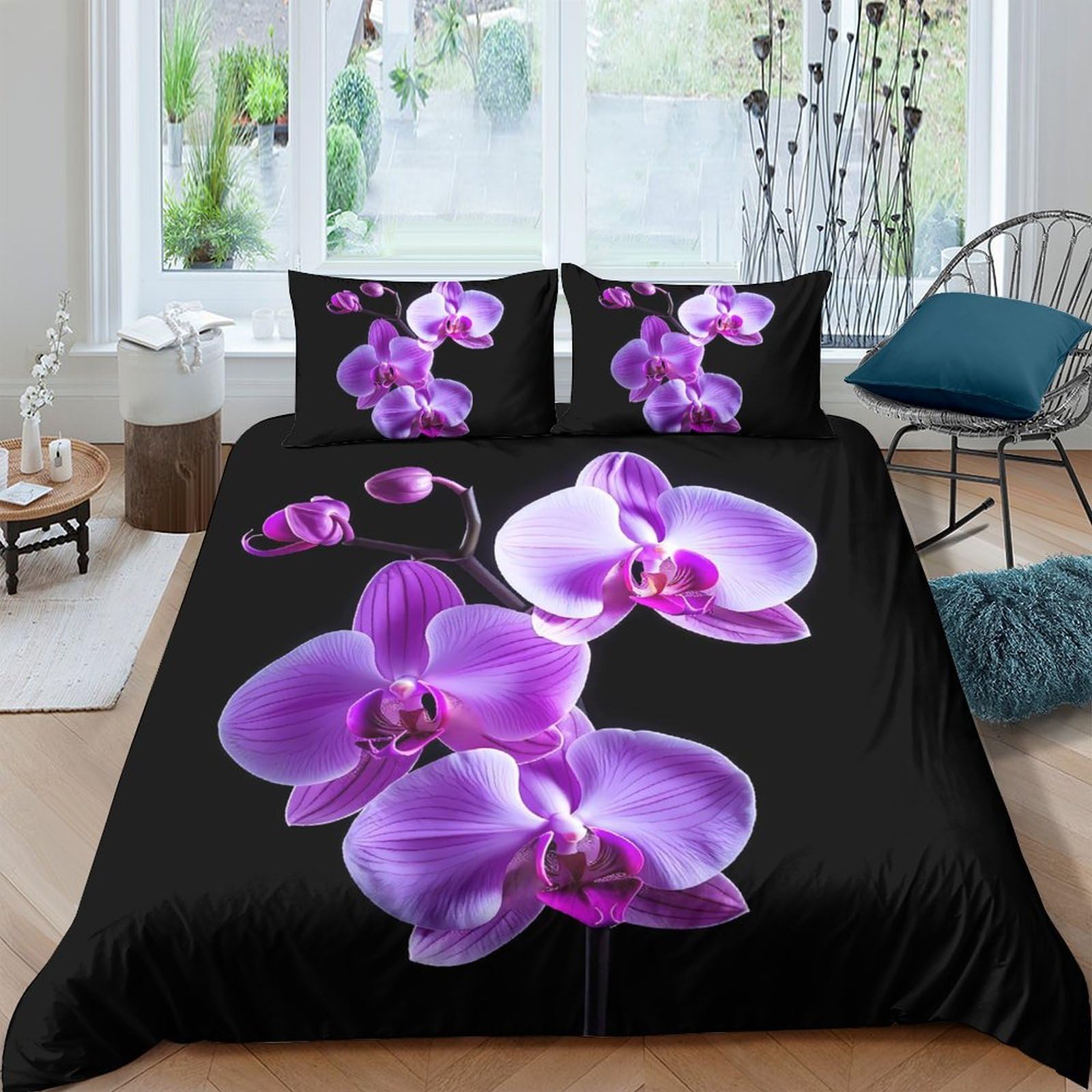 Ctjqhvkz Style-7 3D Printed Purple Orchid Fitted Sheet Microfiber Soft Black Floral Mattress Cover For Bedroom Guest Dorm Decor Single（135X200cm）