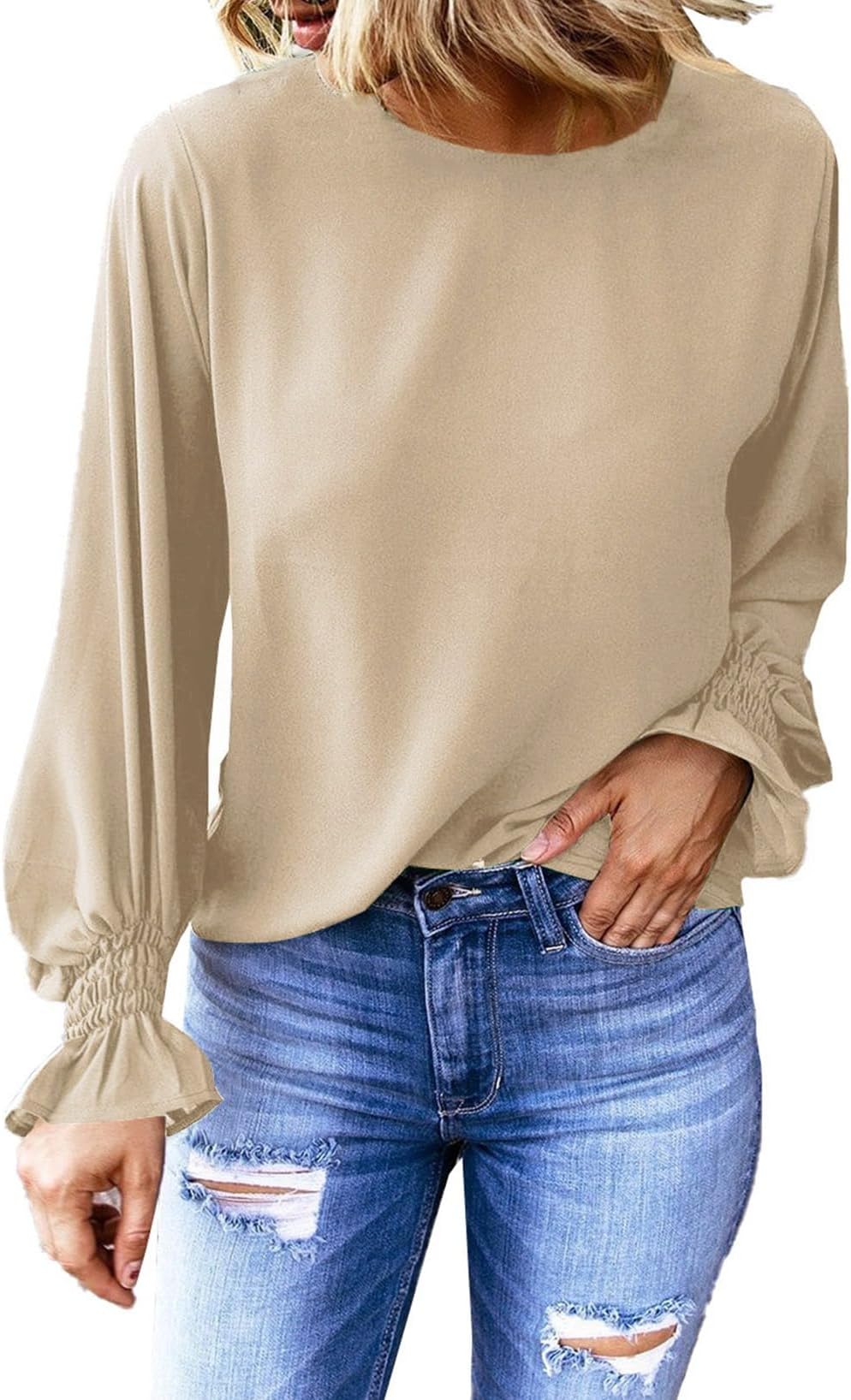Dokotoo Long Sleeve Shirts for Women 2024 Fashion Fall Ruffle Bubble Sleeve Casual Loose Tops and Blouses