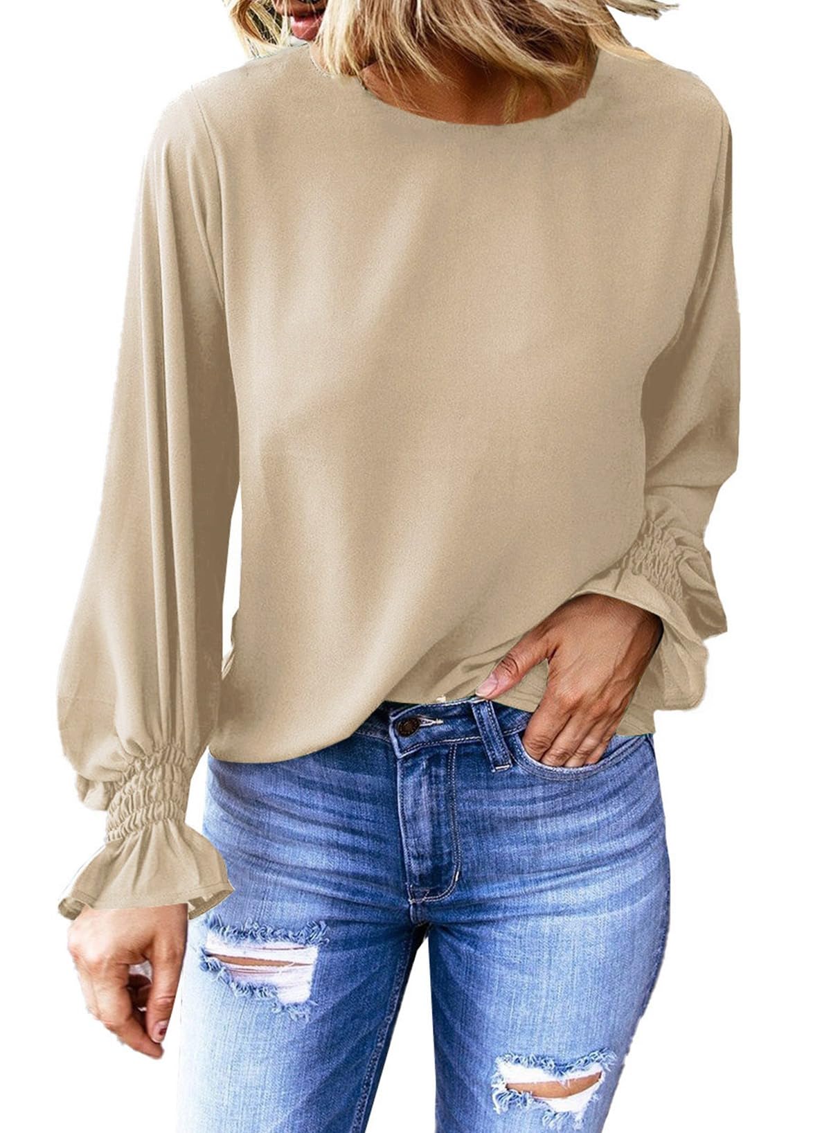 Dokotoo Long Sleeve Shirts for Women 2024 Fashion Fall Ruffle Bubble Sleeve Casual Loose Tops and Blouses