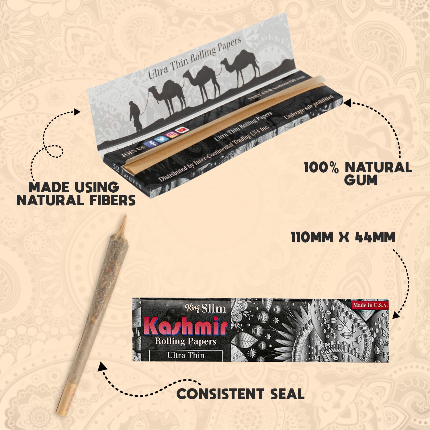 Kashmir Rolling Papers King Size Ultrathin 50 Booklet Pack | Natural Gum Slim Cigarette Rolling Paper For Smoking | Slow Burning Plant-Base Rolling Papers, Smoking Accessories