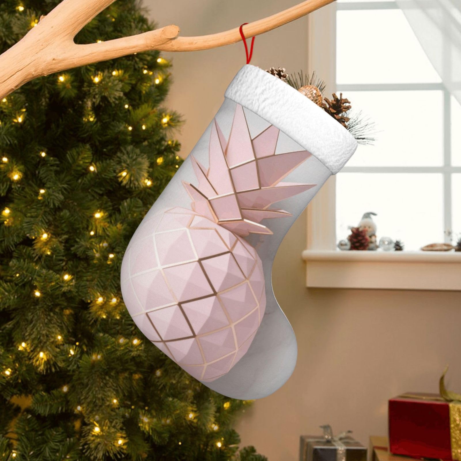 Velvet Christmas Stockings 17.7 Inch, Gold Pineapple Xmas Stocking with Soft Cuff,Classic Personalized Christmas Tree Decoration for Family Holiday New Year Party Supplies