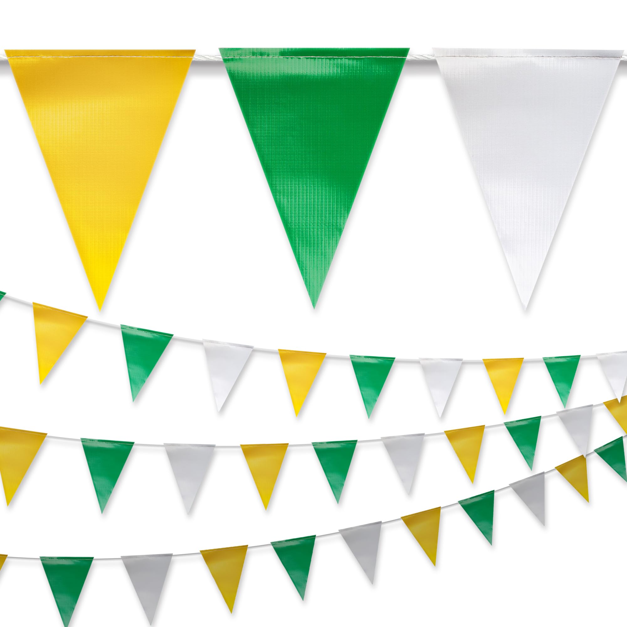 Yellow & White & Green Pennant Banner Flags | OSHA 500lb Rated | Strand Fade Resistant 【102FT】