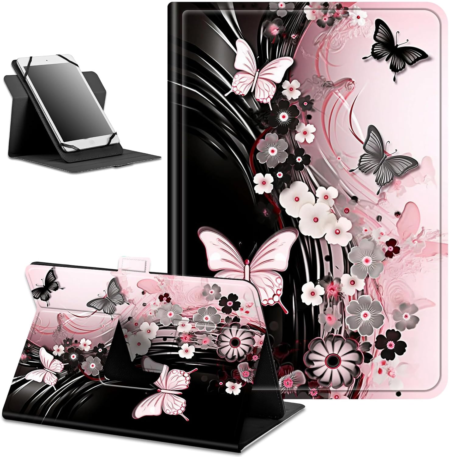 Universal Case for 6",6.8",7" Kindle eReaders Fire Tablet- Kindle/Kobo/Voyaga Tablet,Slim PU Leather Multi-Angle Viewing Cover with 360 Degree Rotatable Kickstand-Flowers Dancing Butterflies