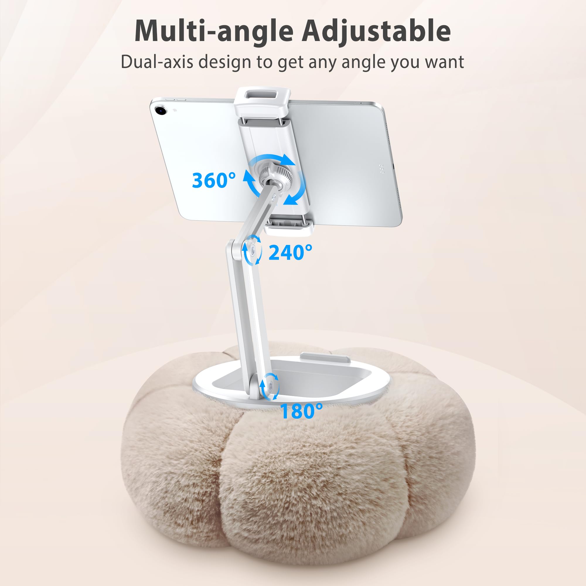 CreaDream Dyniowy uchwyt na poduszkę na tablet Kindle iPad, regulowany stojak na poduszkę na telefon z odpinaną miską na przekąski, kompatybilny z tabletami 11.9 cm-33.0 cm, iPad, iPhone, Samsung Tabs