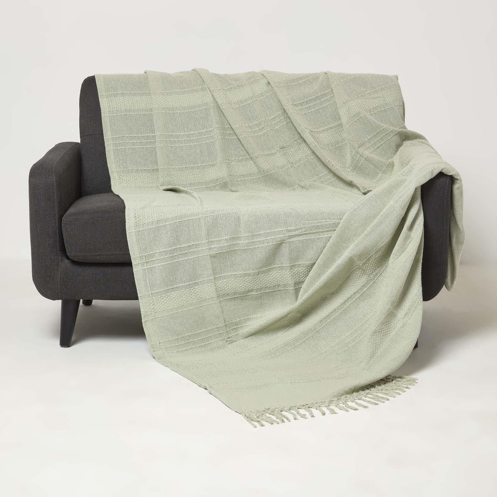 Homescapes Kashi Cotton Throw with Tassels in Green | Size: 255cm x 360cm