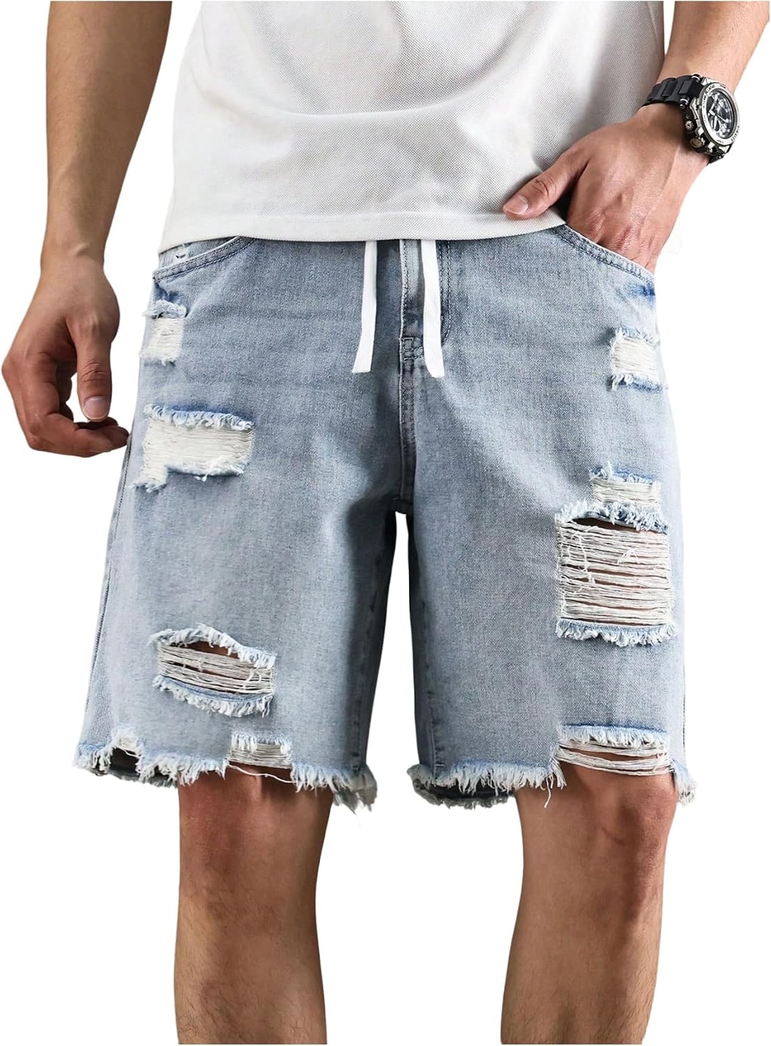OYOANGLE Men's Ripped Denim Shorts Distressed Raw Hem Y2K Baggy Jorts Tie Front Jean Shorts Streetwear