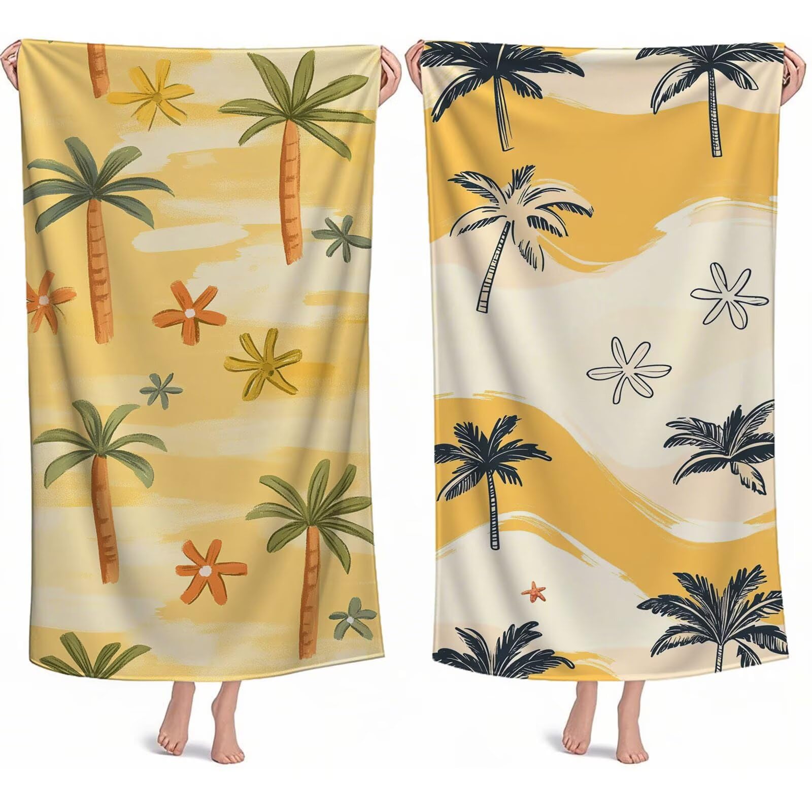 Ręczniki plażowe dla dorosłych, drzewo kokosowe, ręcznik plażowy z mikrofibry, 90 x 200 cm, 2 szt., szybkoschnące, bez piasku, lekkie ręczniki kąpielowe z torbą do przechowywania, do