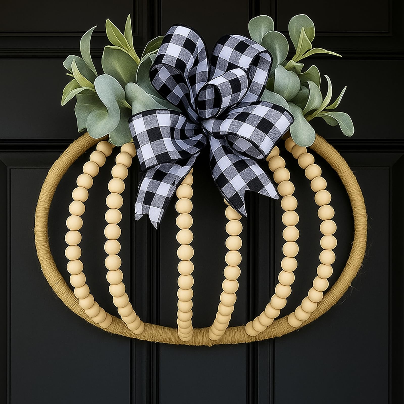 Leinuosen Couronne de perles en bois d'automne de 40,6 cm, couronne de citrouille avec nœud et feuilles en bois naturel bohème à suspendre pour porte, mur, décoration de Thanksgiving pour maison