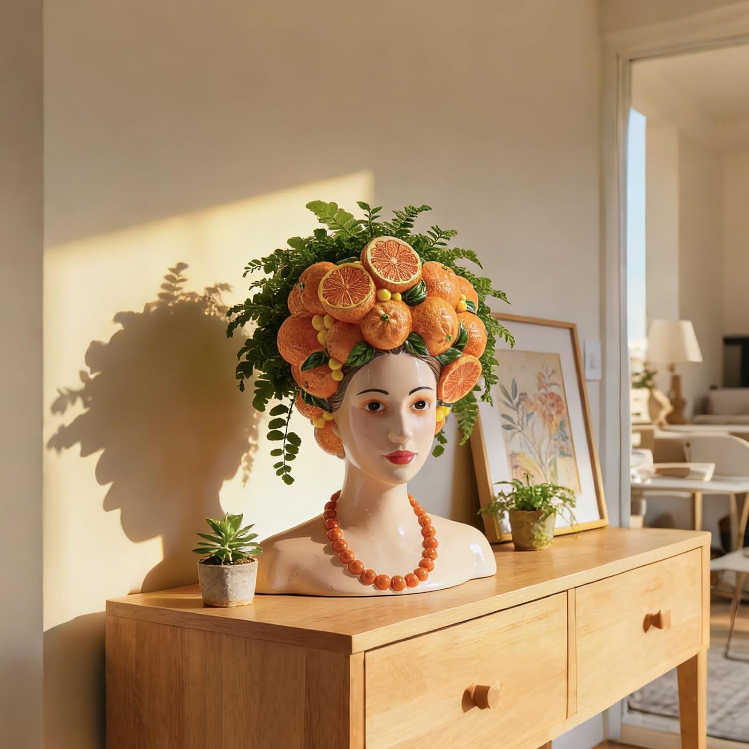 DiliComing Head Planter Succulents Plant Pots - 11 Inch Orange Resin Lady Face Planters for Outdoor Indoor Plants Garden Statues Decor Unique Gift Idea Large Flower Vase for Home Decor