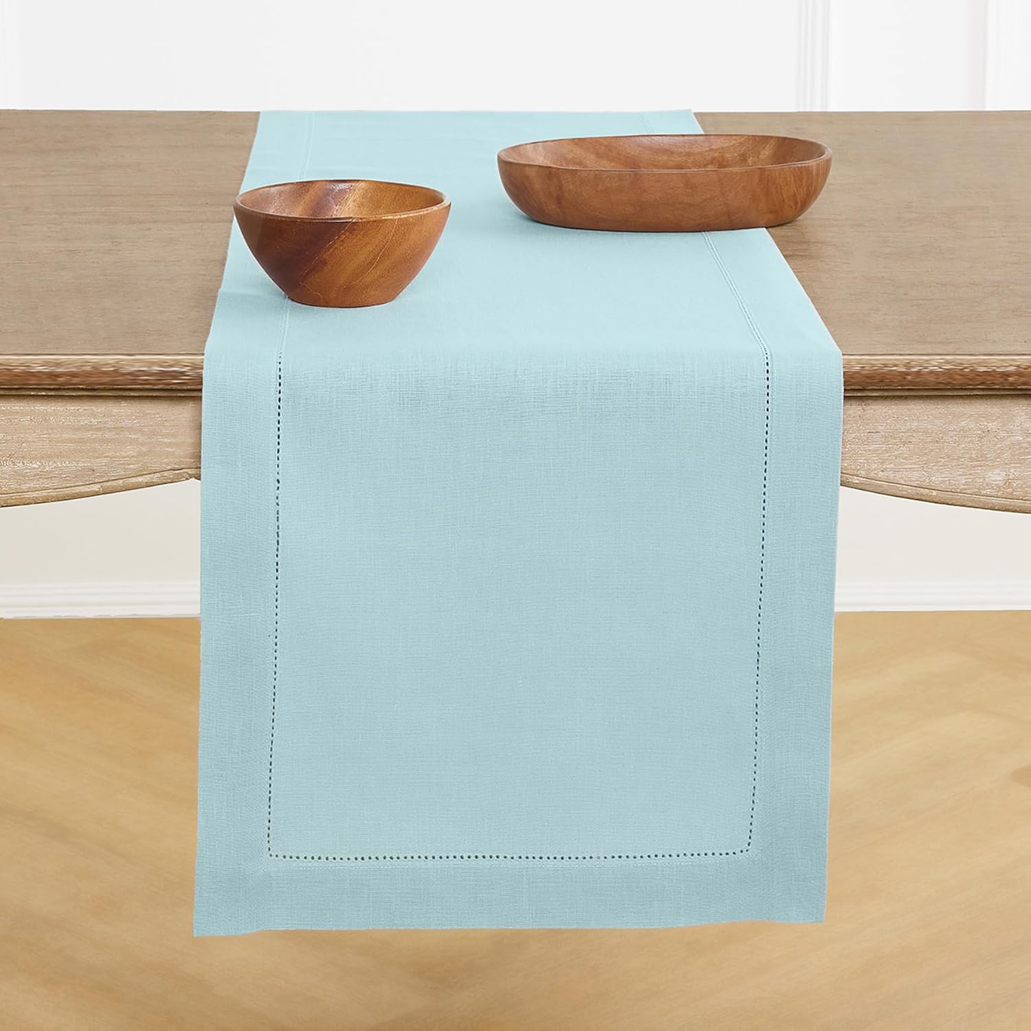 Solino Home Linen Aqua Blue Table Runner 60 Inches - Classic Hemstitch, 100% Pure Linen Coffee Table Runner 14 x 60 Inch Ideal for Dresser Tables