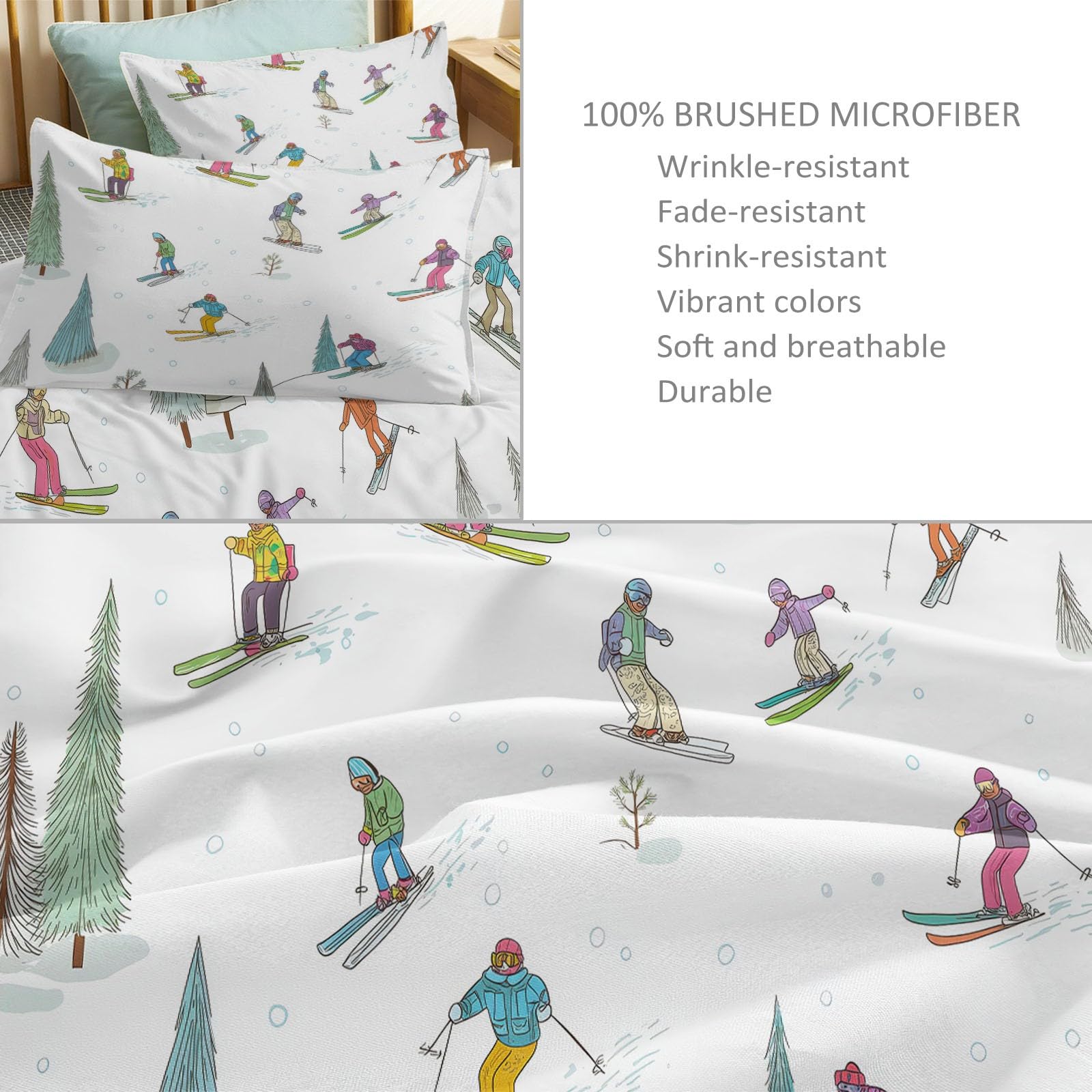 Générique Komplet pościeli 240 x 220 cm, poszwa na kołdrę z mikrofibry z 2 poszewkami 65 x 65 cm, motyw sportowy z kreskówki, narciarz, szpilki na kołdrę, zamek błyskawiczny, szałwiowa zieleń, 2 osoby