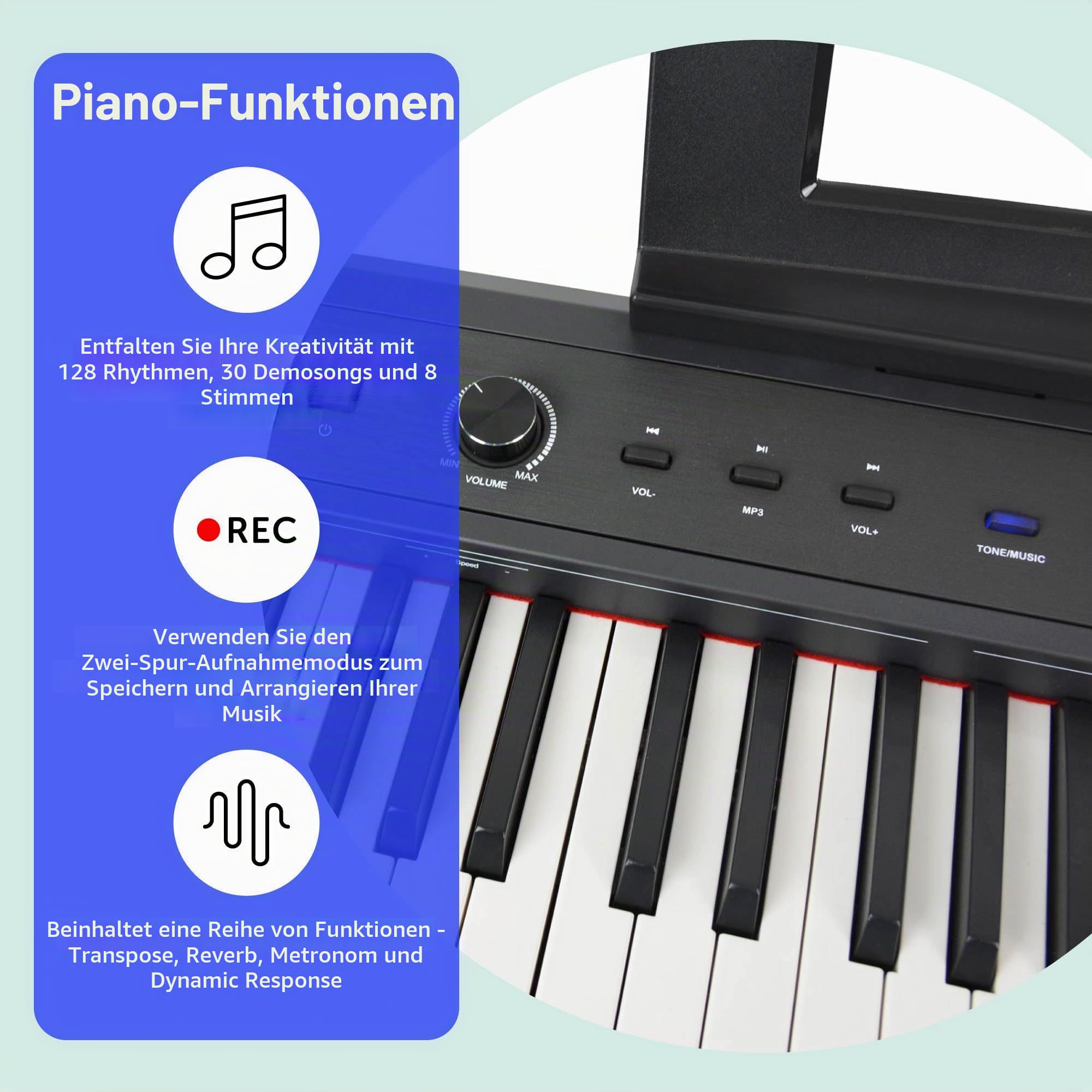 Axus AXD55 88-Tasten-Digitalpiano-Tastatur Mit Voll Gewichteten Hammertasten, Sustain-Pedal Und Hochwertigen Features Und Funktionen