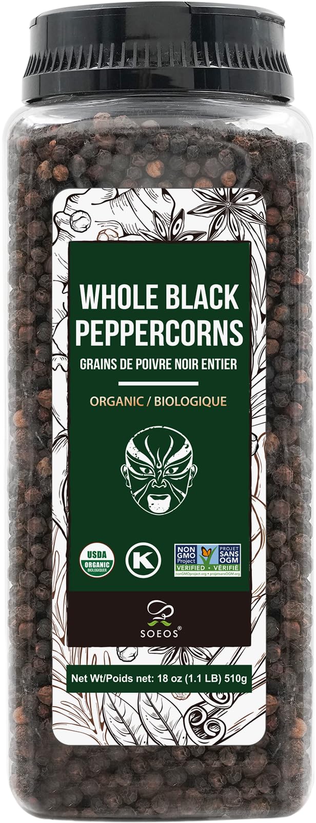 Soeos Organic Black Peppercorns, 18oz (Pack of 1), Non-GMO, Kosher, Packed to...