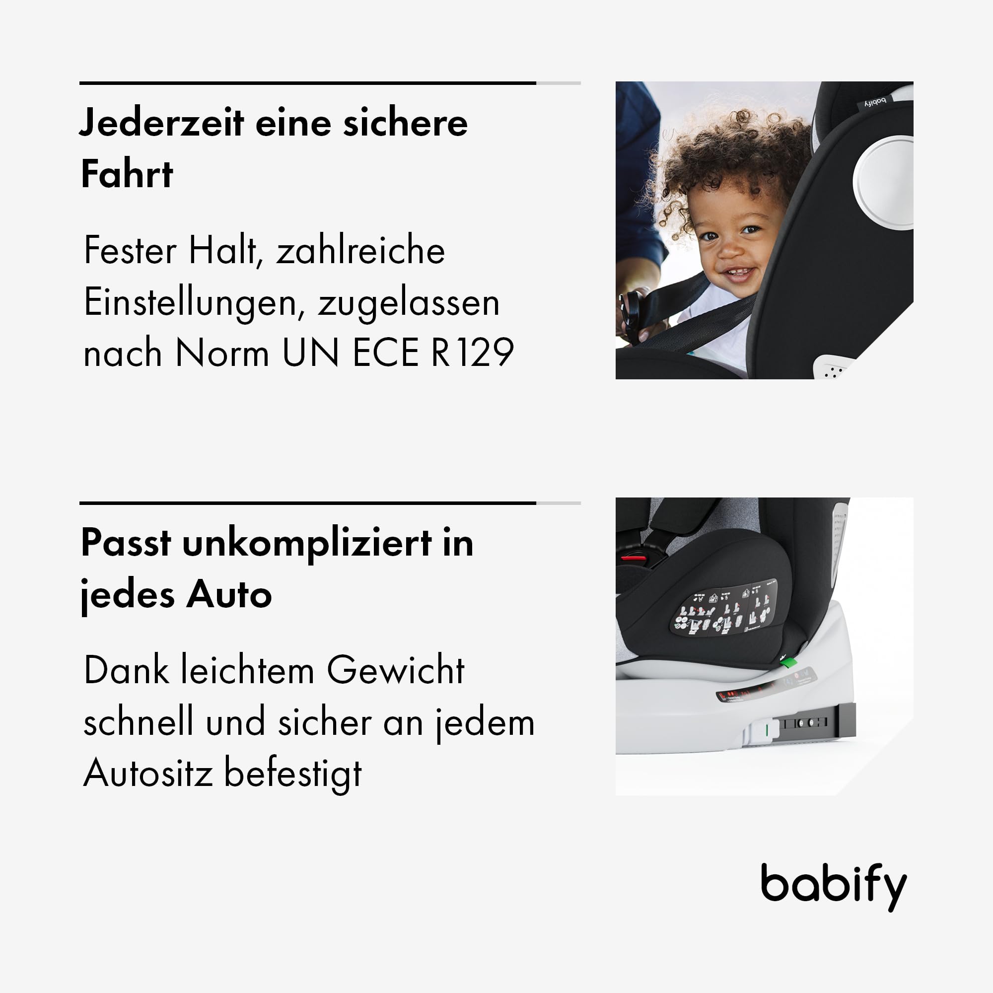 Babify Onboard, Autositz Isofix für Babys und Kinder, 0 Monate - 12 Jahre, 40-150cm, 360°drehbar, tragbarer und sicherer Sitz i-Size ECE R129 Grau
