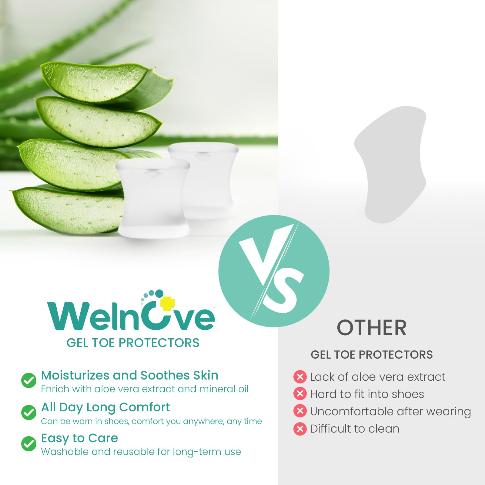 Welnove - Distanziatori per dita dei piedi in gel aggiornato - Confezione da 8 pezzi con estratto di Aloe Vera e silicone per raddrizzare le dita dei piedi sovrapposte(Multi-Size, Clear)