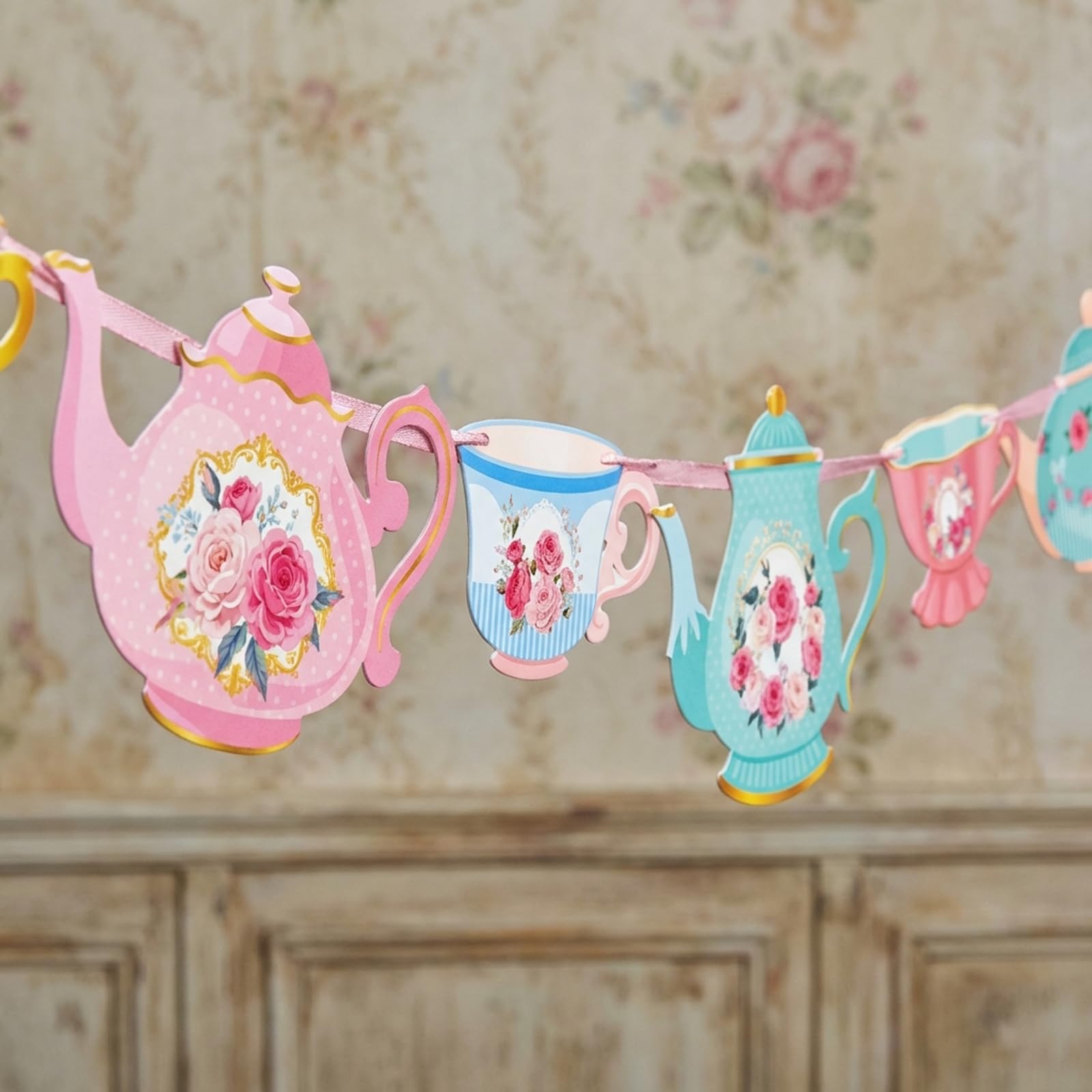 Vintage Tea Party Decorations Banner - Elegant Afternoon Tea Time Bunting with Floral Design for Adult Party, Bridal Shower & Home Decor (Pink & Mint Green) — view 6