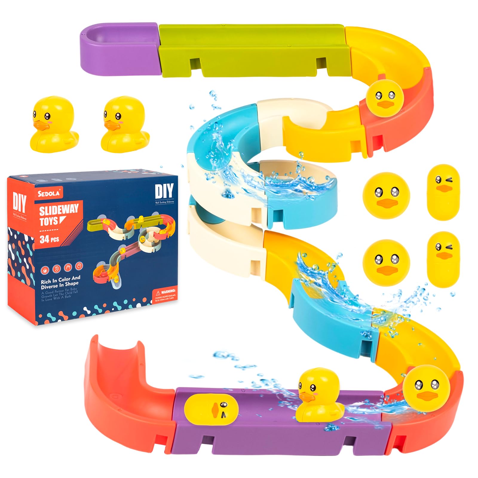 34PCS Kids Bath Toys Water Slide Bath Track Game Duck Slide Bath Toy with Suction Cups Bathtub Toys for Toddlers 3 4 5 6 Yeas Old