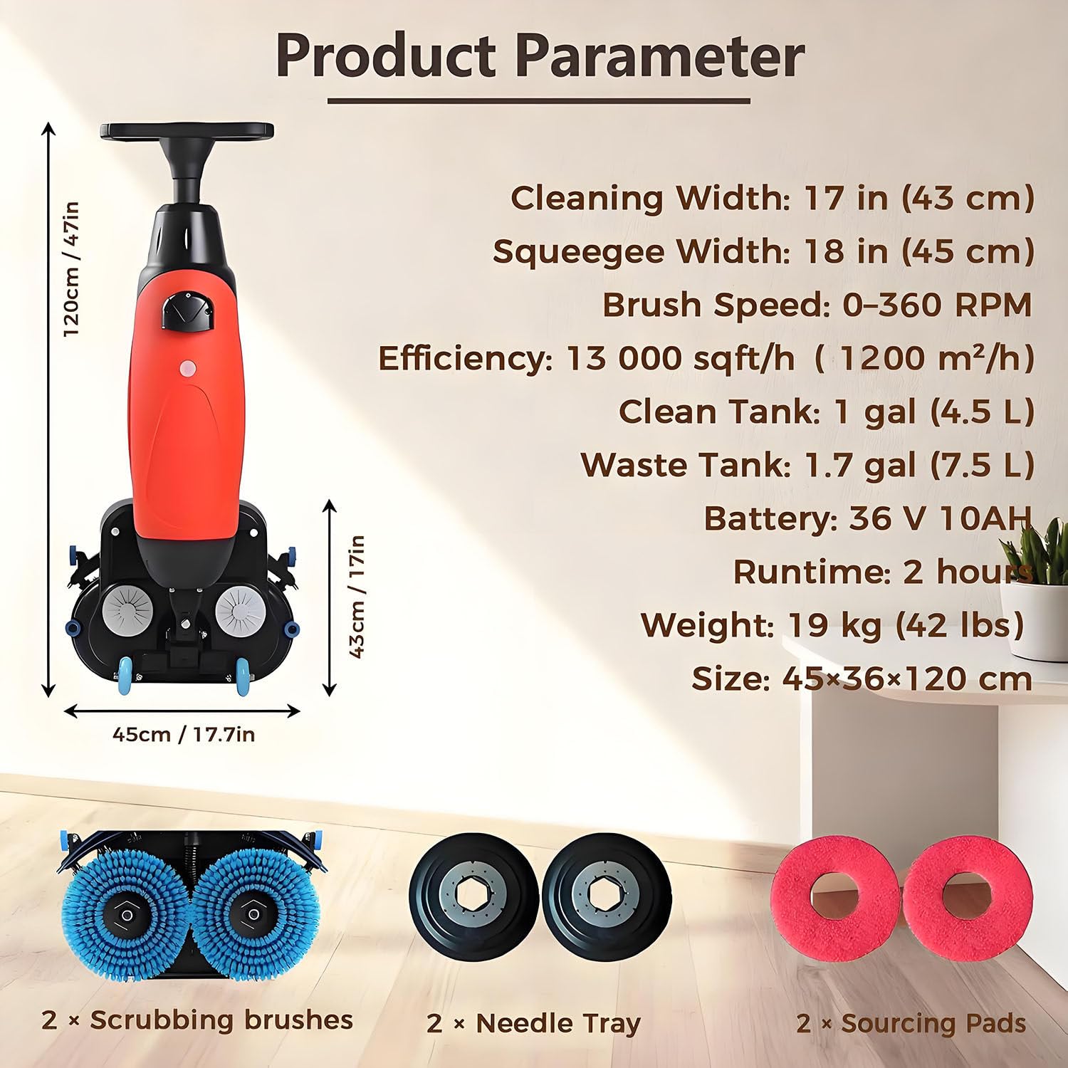 Limpiador eléctrico ligero de suelos con ancho de limpieza de 17 pulgadas, cepillos dobles giratorios, cabezal giratorio de 360° para uso comercial