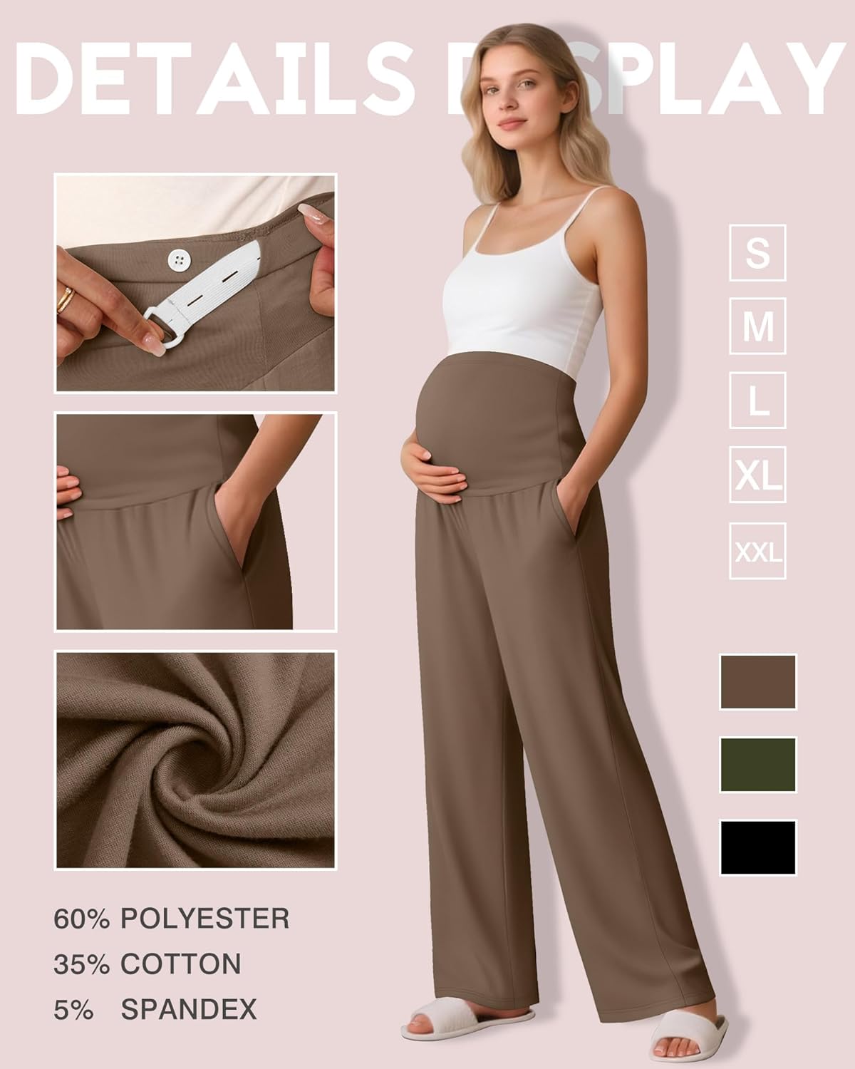Sweetyweee 3 Pack Women's Maternity Pants Over The Belly Pregnancy Pants Stretchy Loose Wide Leg Lounge Pajama with Pockets Black, Army Green, Coffee Medium