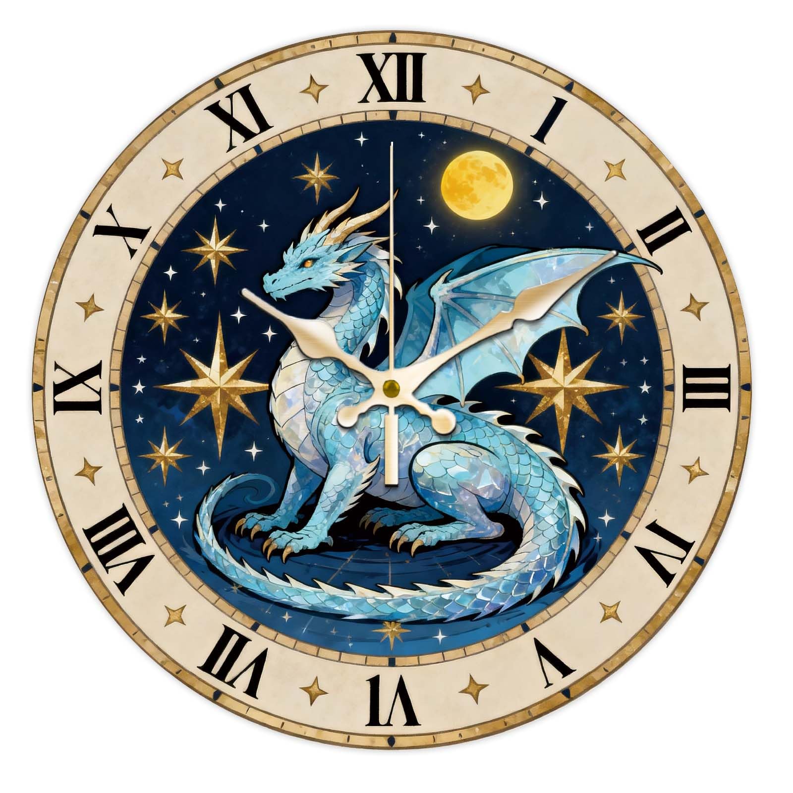 CONCHLERY Blue Dragon Patterns Wall Clock 12 Inch Flat Round MDF Printed Wall Clock with Golden Hands for Bedroom Living Room Kitchen Office