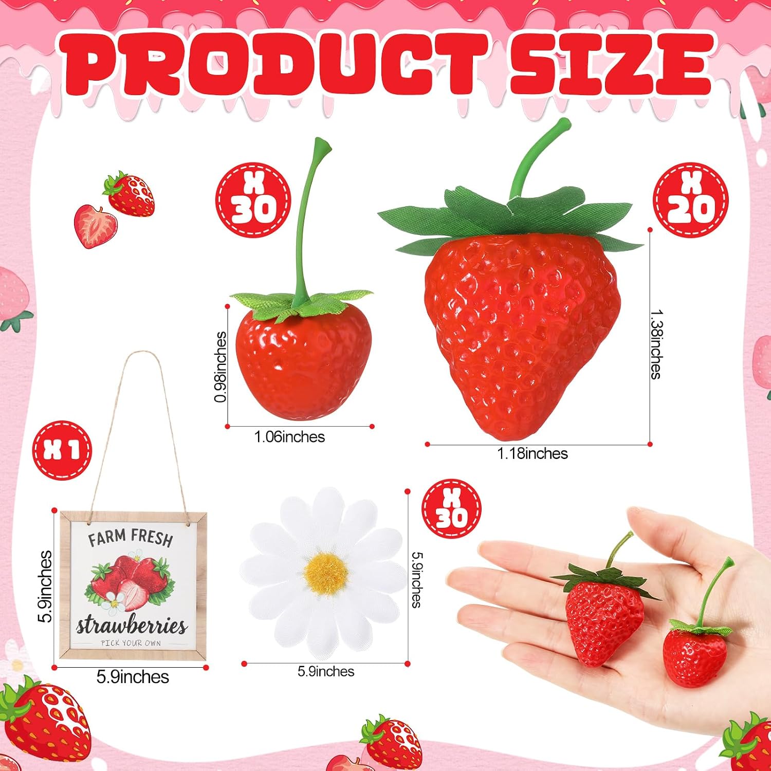 Norme 81 Pcs Artificial Strawberry Decoration for Home Centerpiece, Fake Plastic Strawberries, Artificial White Daisy and Wooden Desktop Sign Decor for Home, Kitchen, Party Decor, Photography Props