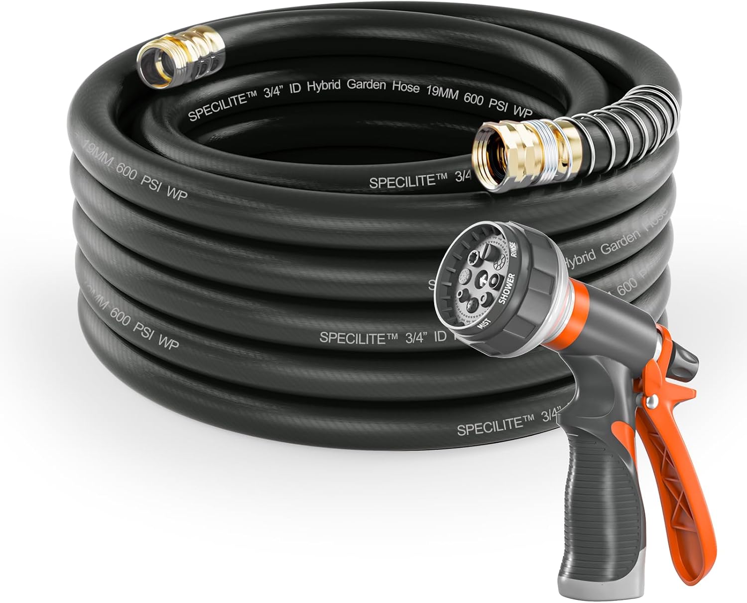 SPECILITE Garden Water Hose 200 ft x 5/8 in Heavy Duty, Flexible and Lightweight, Burst 600 psi, Kink-less Hybrid Rubber Pipe for Backyard, 3/4'' Brass Fittings, Orange