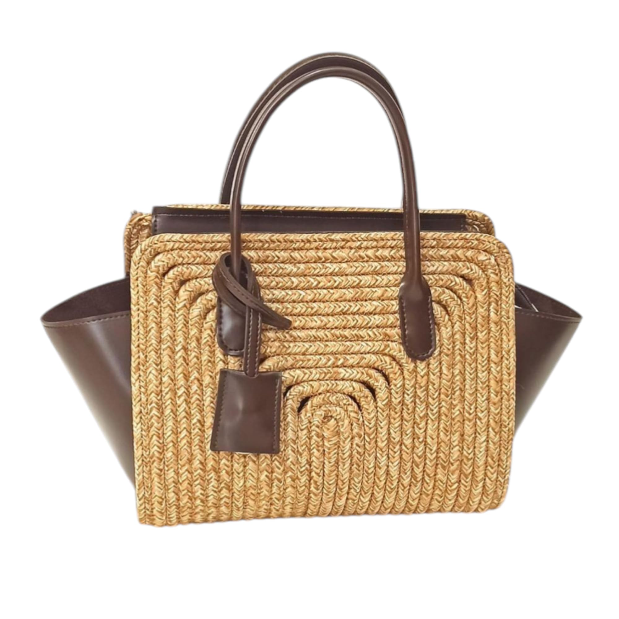 Amalfi Bolso de mano de rafia para mujer, bolso de verano trenzado con detalles de piel sintética, elegante bolsa de playa para verano y uso diario, bolso mediano 22 x 30 x 15 cm