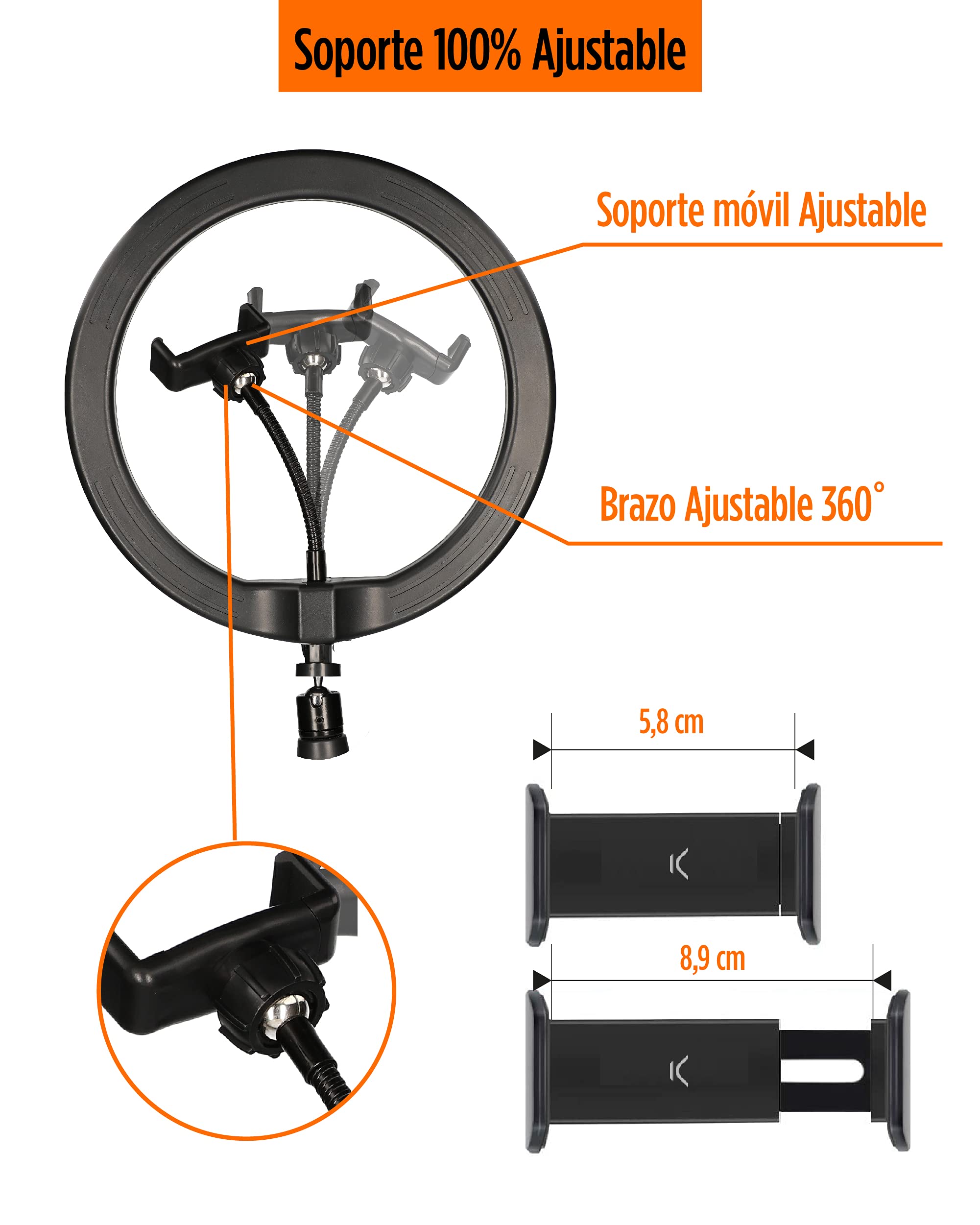 Kit Studio Live Max KSIX ANILLO LED con TRÍPODE SUELO 1,60 CM para Smartphone