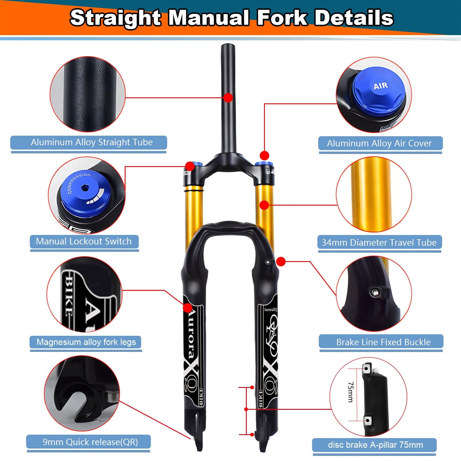 Forcella Anteriore per Mountain Bike AuroraXQ 26 27.5 29 Pollici in Lega di magnesio, Escursione 140 mm, con Freno a Disco Dritto/Conico.