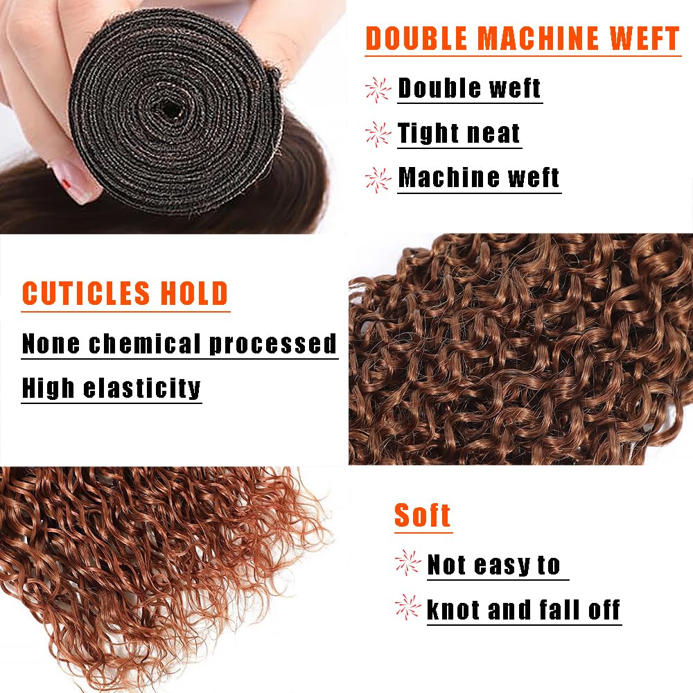 Color #30 Light Brown Human Hair Bundles Water Wave 20 22 24 Inch Curly Bundles Human Hair Unprocessed Native Virgin Hair 100/PC 3 Extensions Deep Wet and Wavy Human Hair Extensions for Women