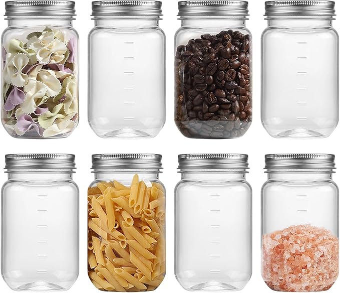 Naivees 16 OZ Mason Jars Plastic Clear Storage Containers with Lids Empty Refillable Airtight Container for Home Kitchen (Silver, 8 Pack)