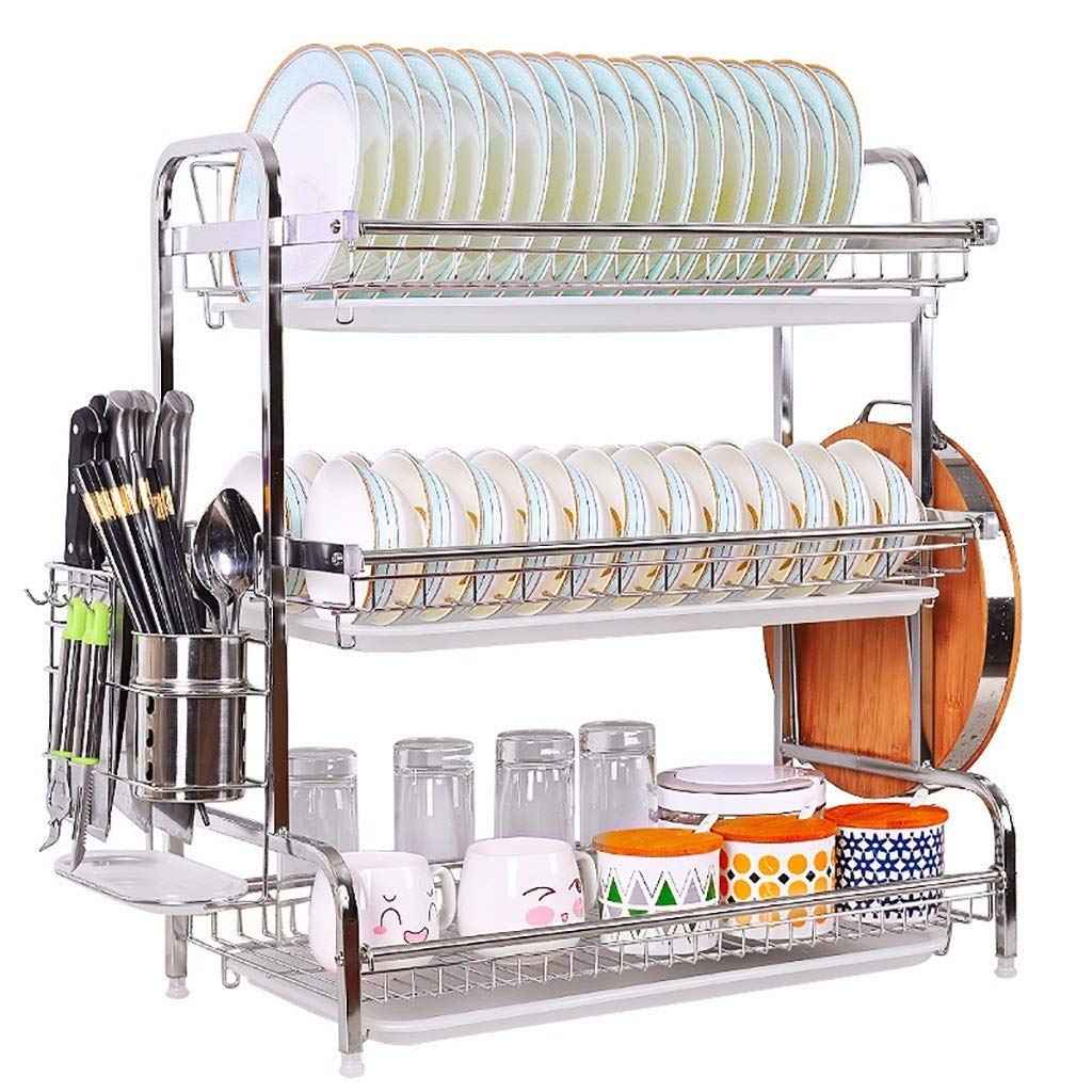 SaryEdge 3 Tier Dish Drainer Rack, Stainless Steel Dish Drying Rack, with Draining Board, Chopstick Cage, Cutting Board Rack, Space-saving,