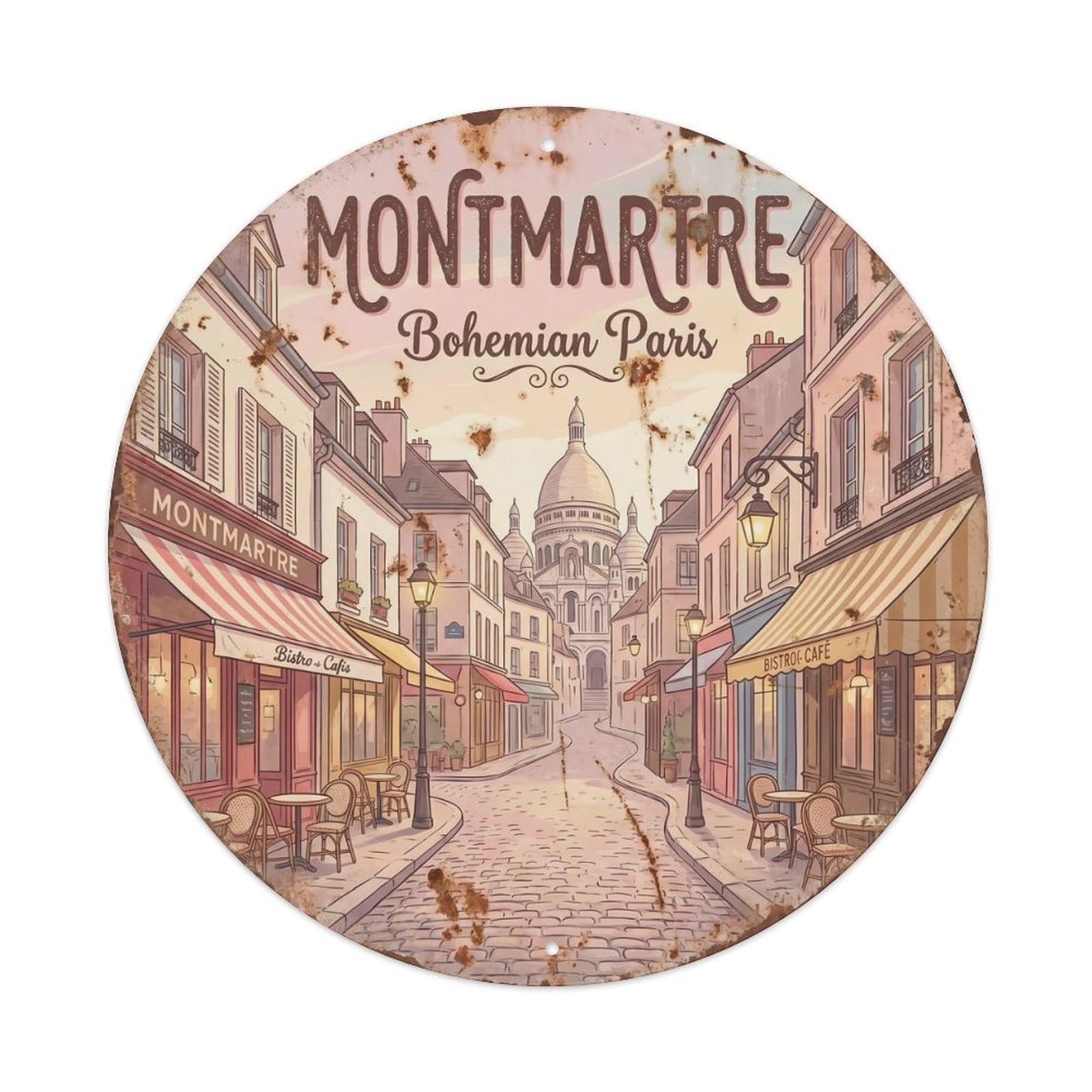 Vintage Travel Paris Montmartre Streets Metal Tin Sign Plaque Wall Decor for Cafe, Club, Garden Round Metal Poster 8x8Inch