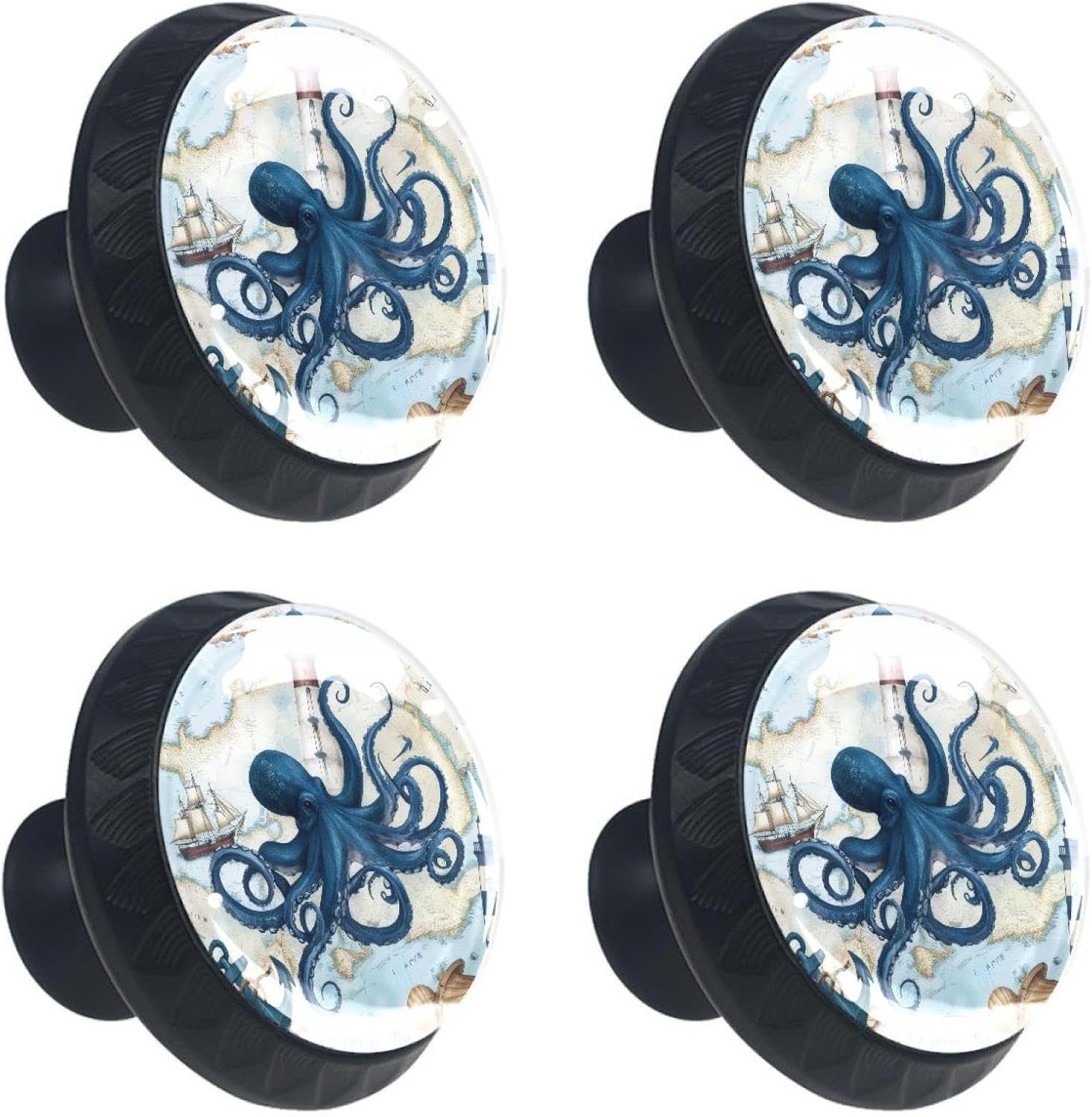 4 Pack Kitchen Cabinet Knobs Sea Blue Octopus Drawer Knobs Dresser Knobs Drawer Pulls Black Cabinet Hardware for Dresser Drawers Closet Round Drawer Handles