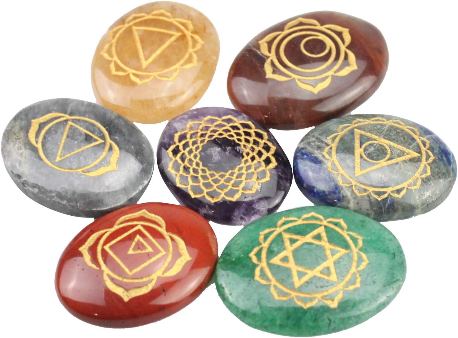 7 Chakra With Engraved Symbol Reiki Stones Multistone Reiki Energy Feng Shui Symbol Pocket Stones Set Sacred Healing Energy Generator Balancing Therapy Meditation Yoga Wellness Aura Cleansing Gift Set
