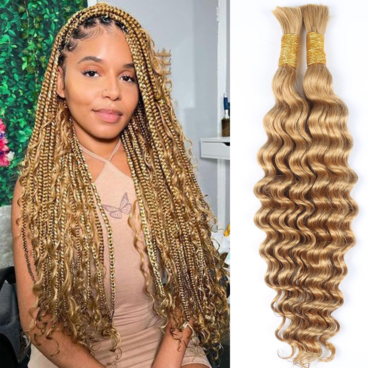 Ainimiu Hair Human Braiding Hair for Boho Braids Human Hair Braiding Hair 100g 18 Inch 27# Curly Boho Hair for Braiding Knotless Deep Wave Bulk Human Hair for Braiding Bohemian