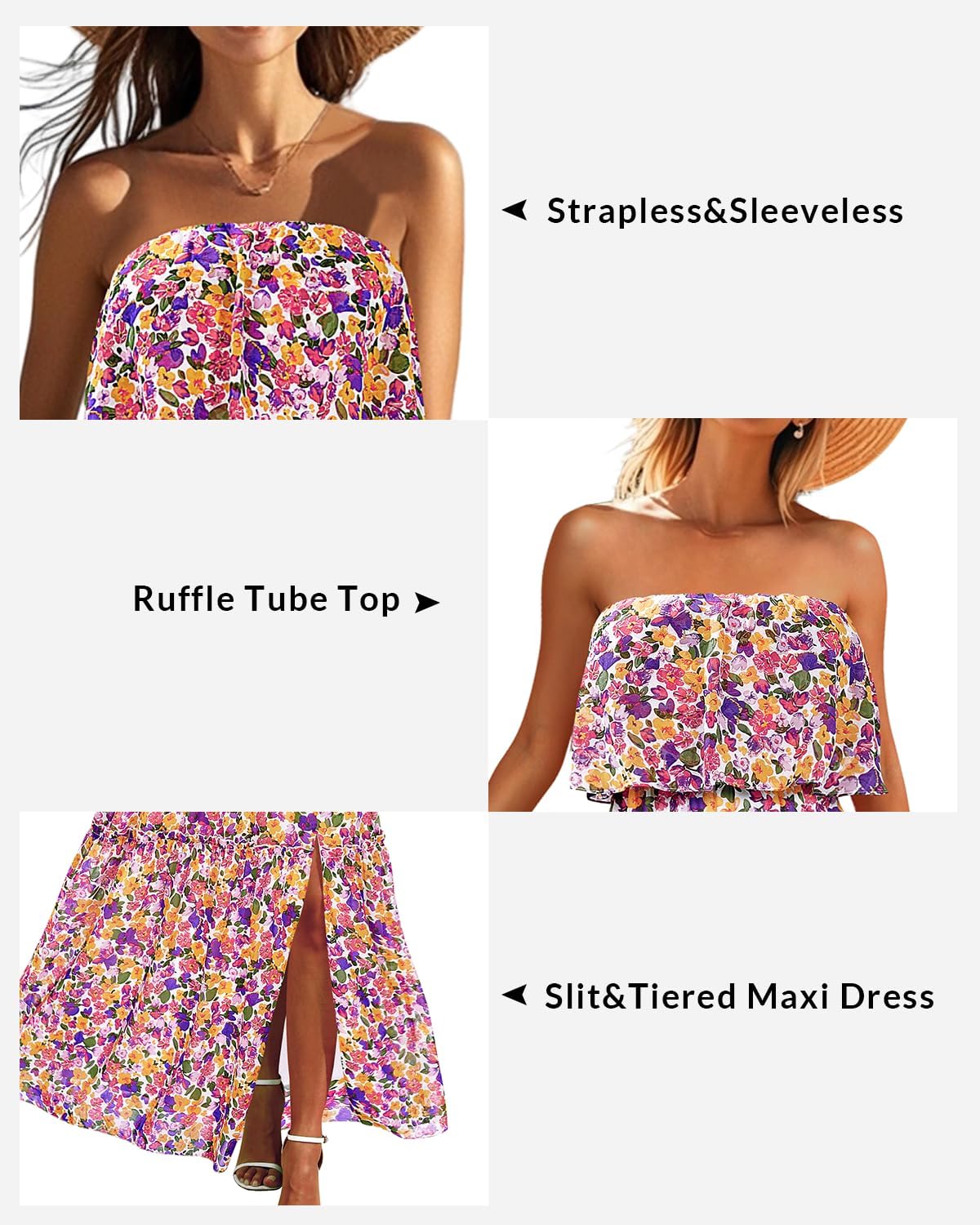 Women Strapless Summer Dress - Boho Chiffon Maxi Beach Side Split Tiered Long Sundresses - Image 7