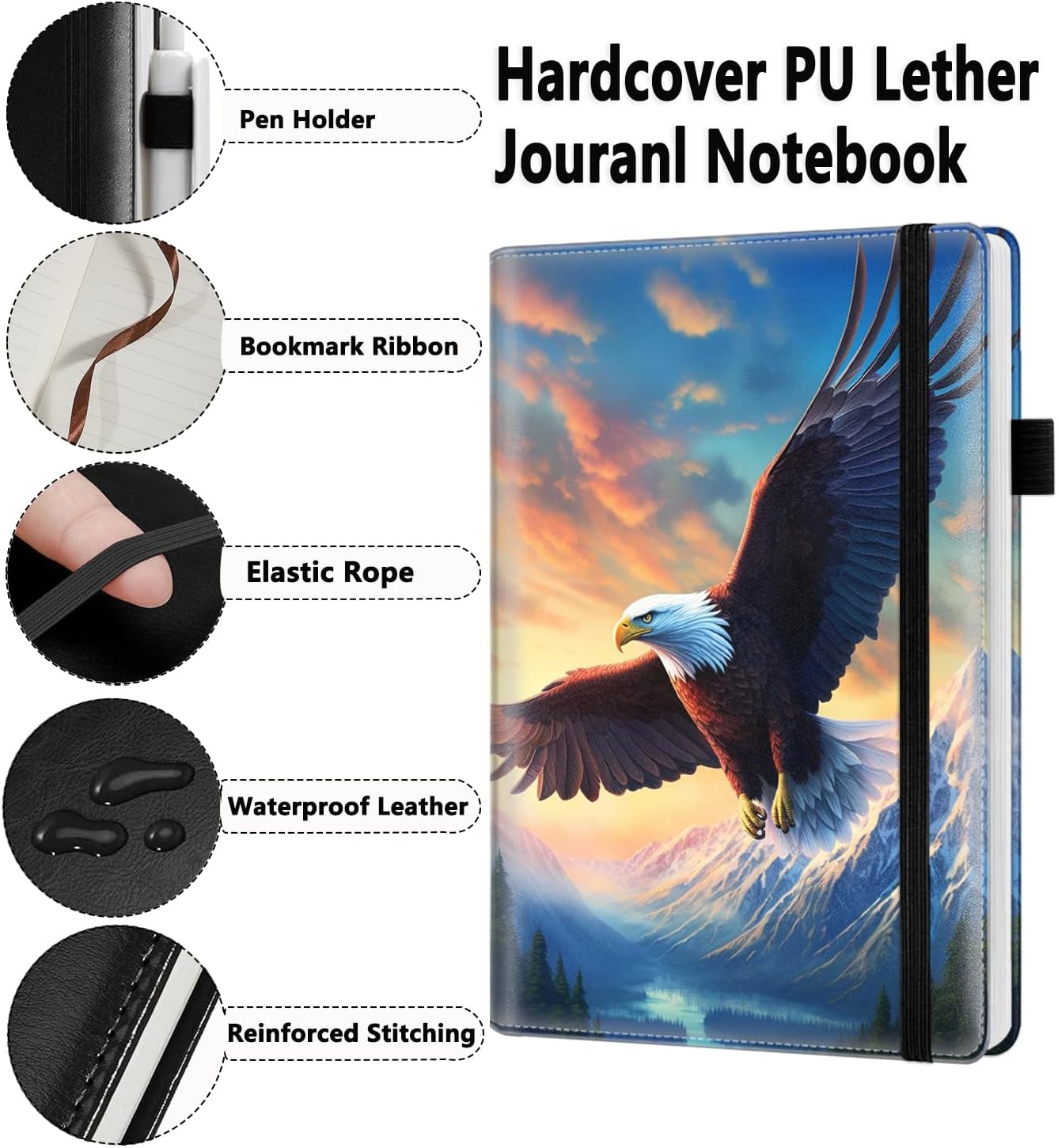 Lined Journal Notebook, 200 Pages A5 Leather Hardcover Notebooks with Bookmarks/Indexes, Classic with Pen Loop Notebook Journals for Women Men Office School，Flying Bald Eagle