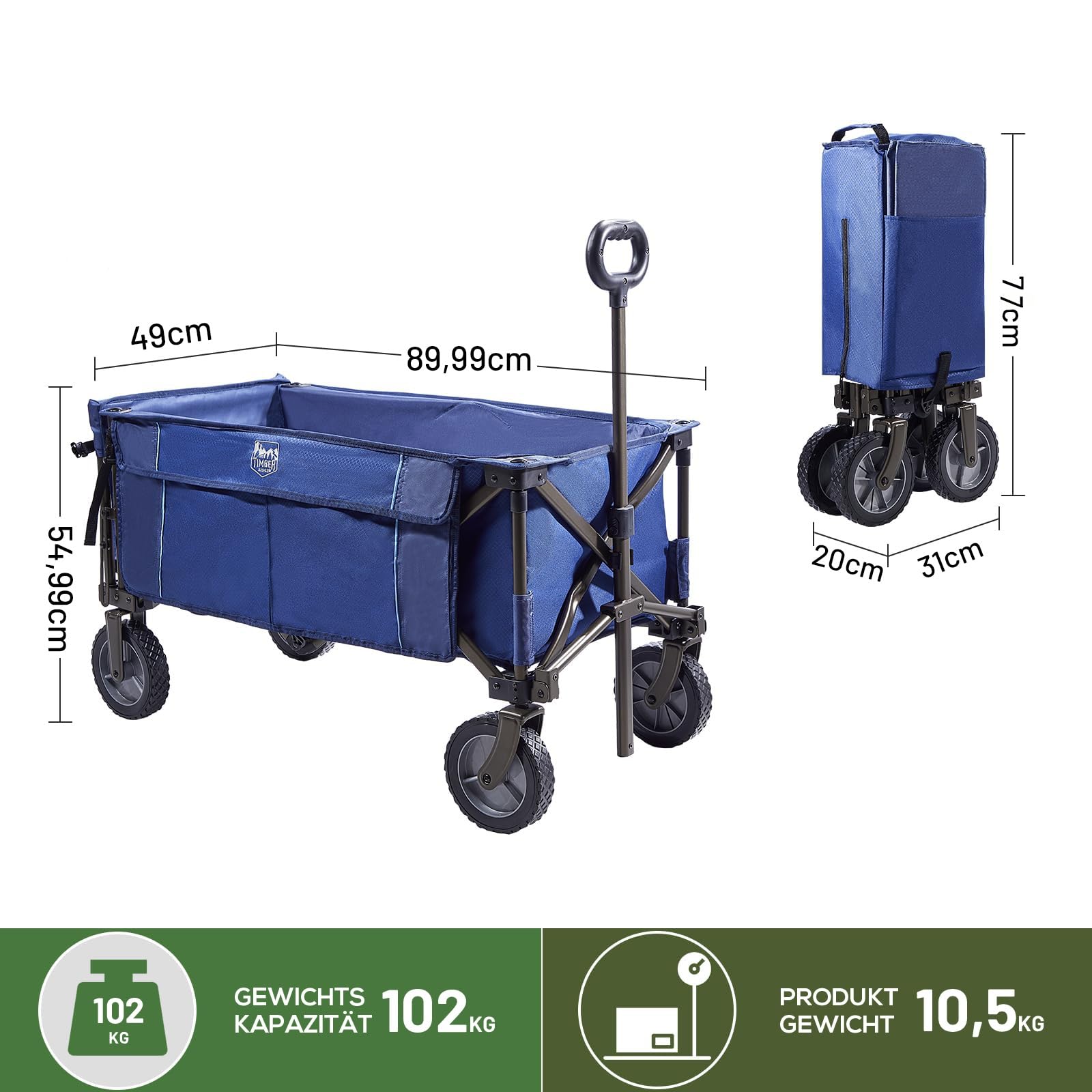 TIMBER RIDGE Heckklappe Faltbarer Klappwagen, Push-Pull-Strandwagen Faltbar, Seitentaschen, Camping, Garten, Einkaufen, 102kg Tragkraft, Blau