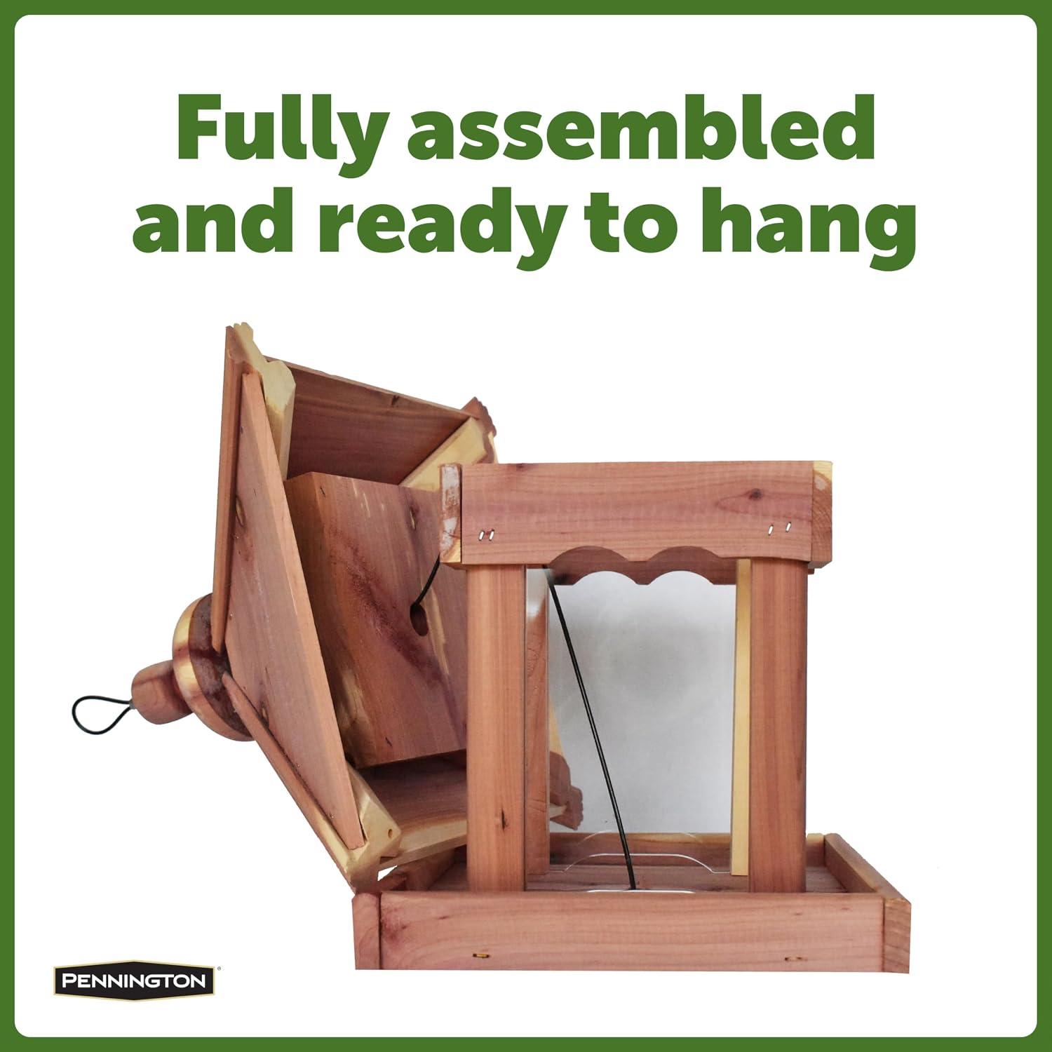 Pennington Cedar Junior Pavilion Bird Feeder 2.5 Pound Capacity | Wild bird feeders for outdoors, hopper style with 4-sided feeding, fully assembled and ready to hang
