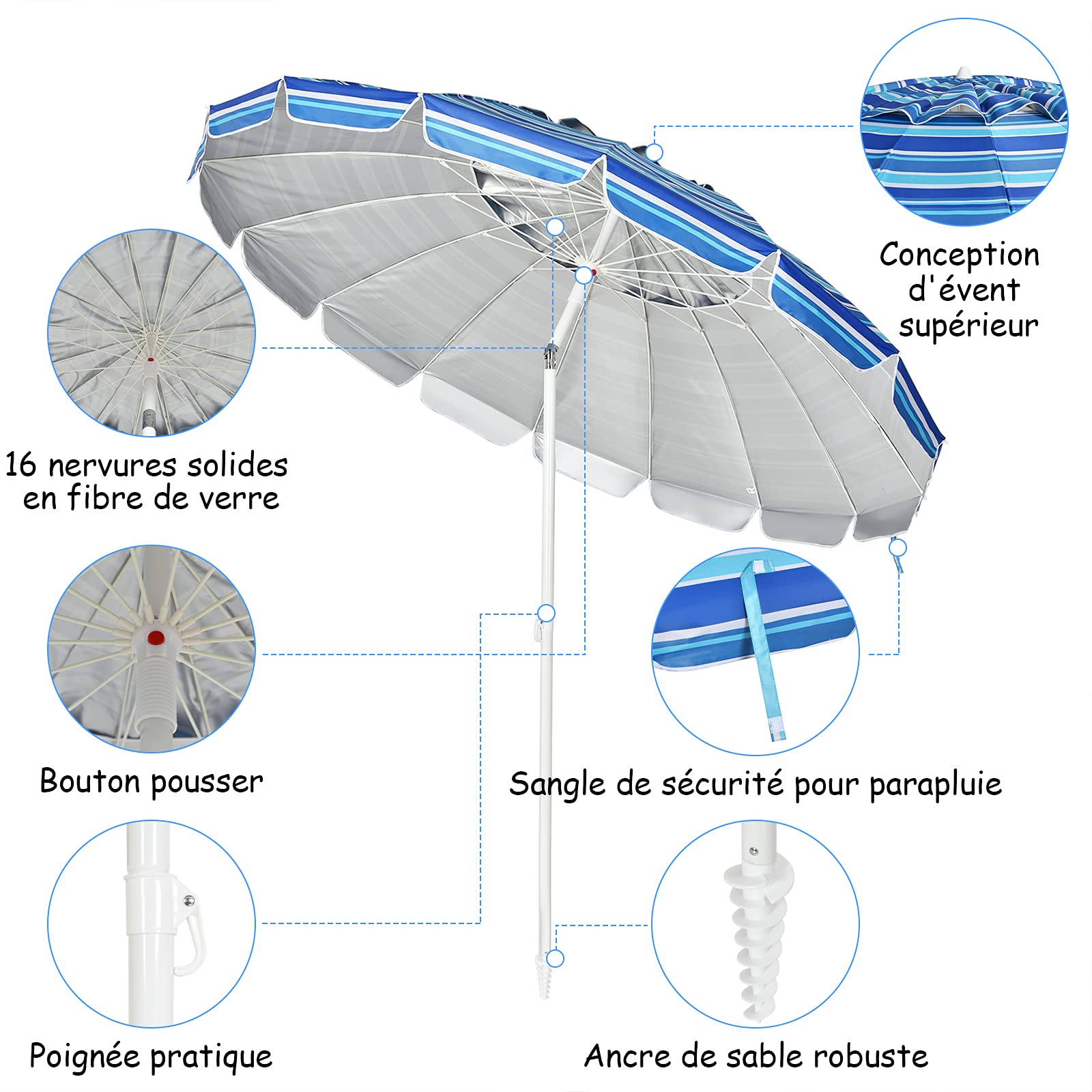 GOPLUS Parasol de Plage 2,43M, Parasol Inclinable avec Auvent Démontable, Sac de Transport, Anti-UV, pour Patio Balcon Piscine, H.185CM, Base Non Incluse (Bleu Clair)
