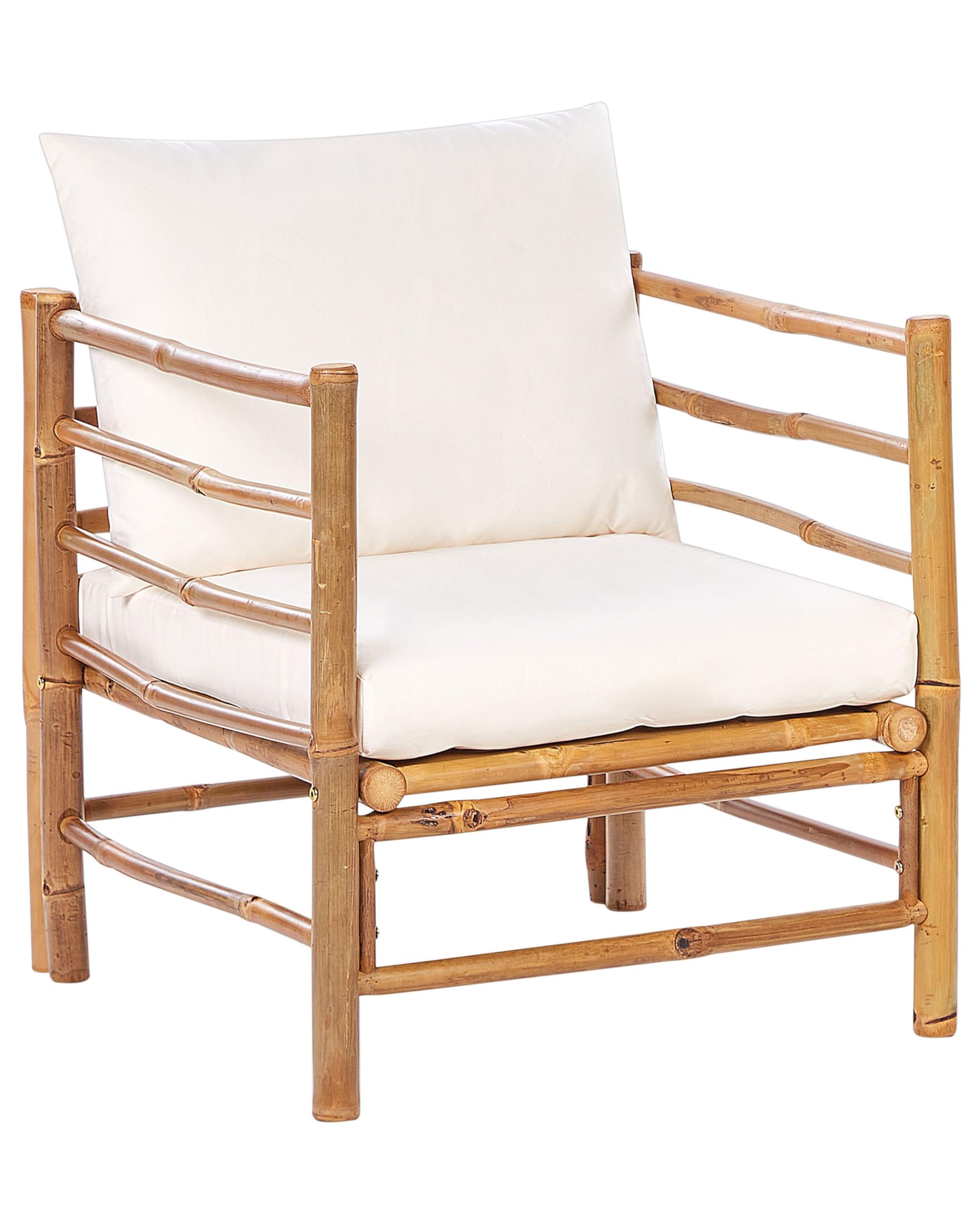 Sillón de jardín de madera clara de bambú muebles de interior exterior acolchado con cojines blanco crema Cerreto
