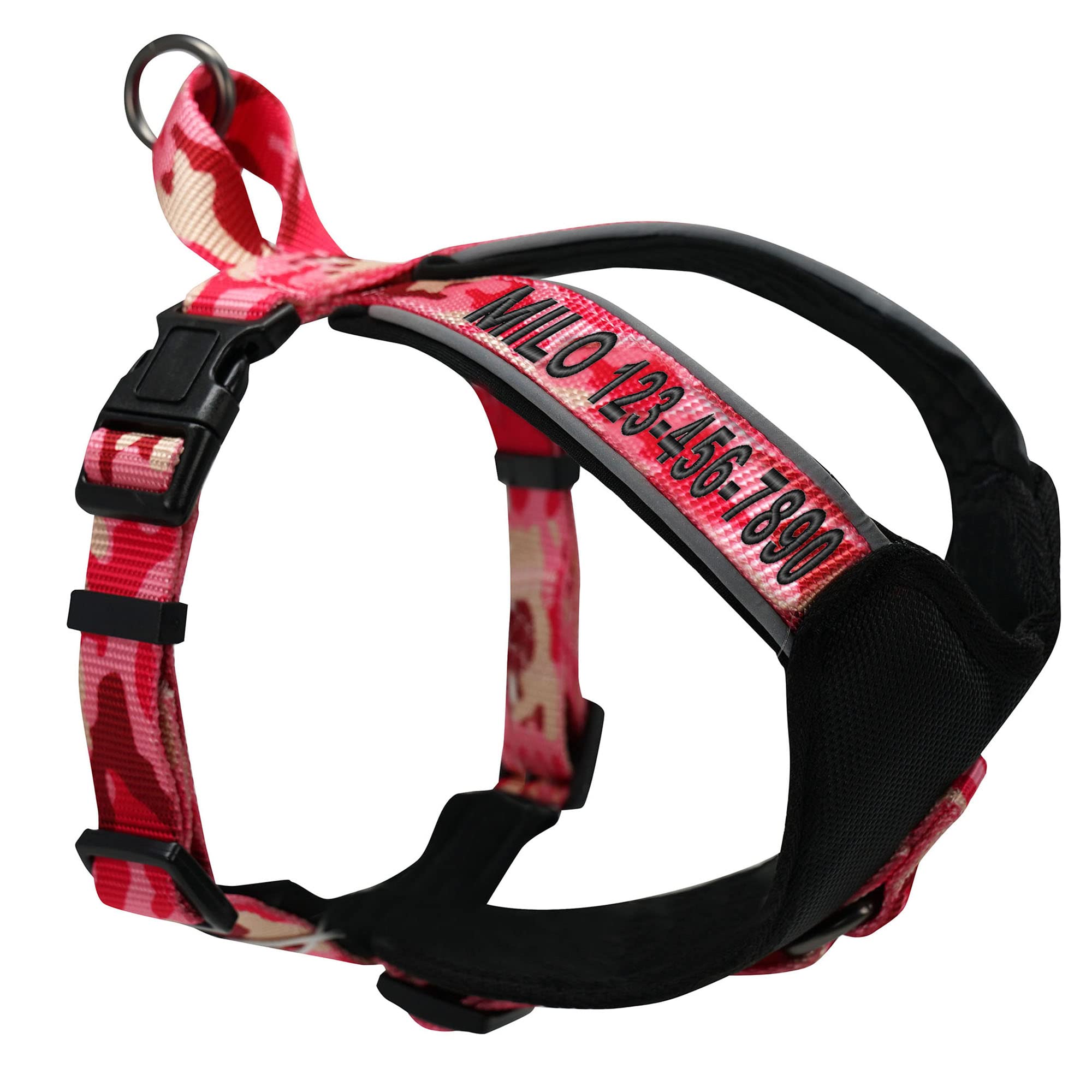 Pawtitas Personalized Dog Harness - Embroidered Name & Phone Number, Reflective, Padded, Tactical, Adjustable, Customized, Medium, Pink Camo