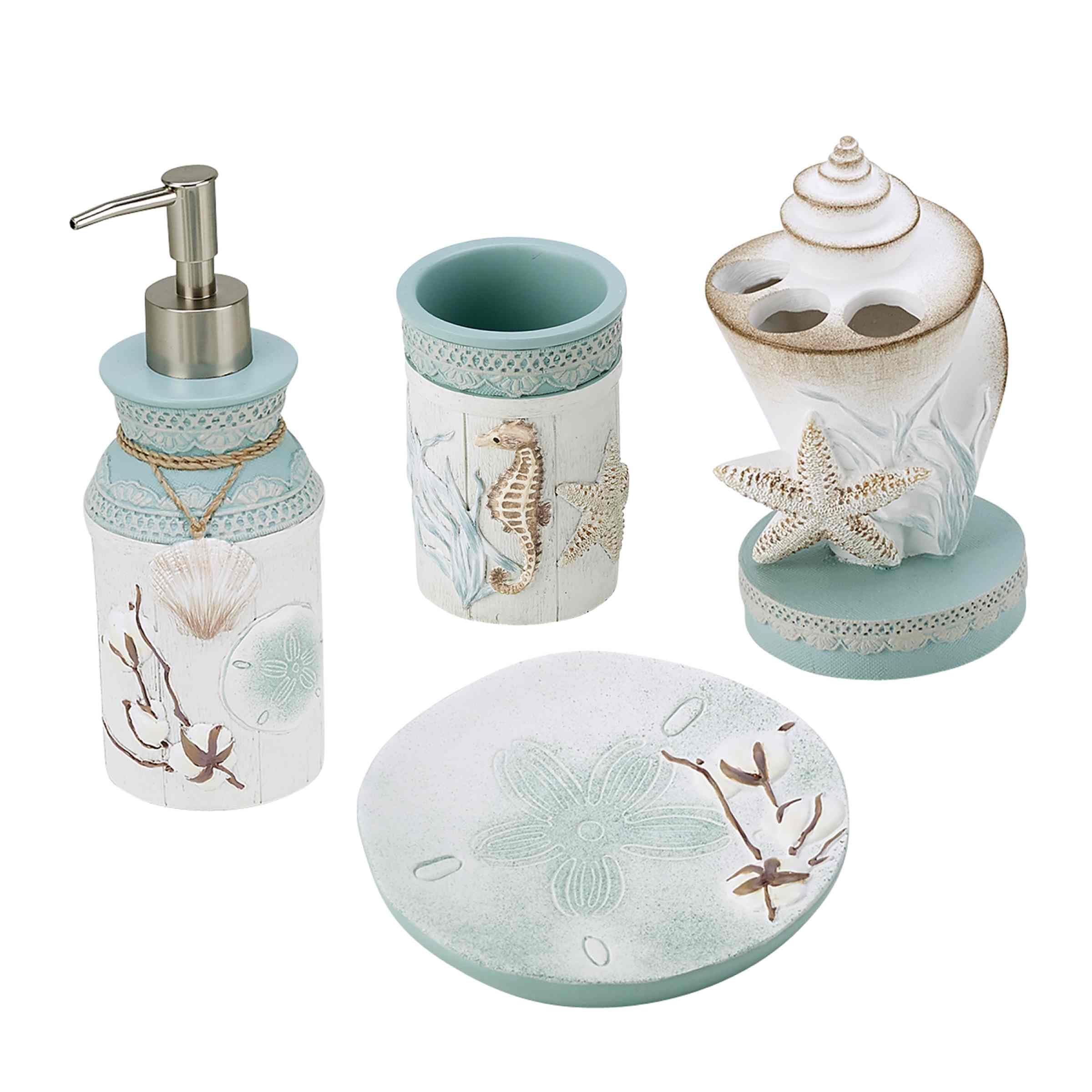 Avanti Linens - Juego de Accesorios, Vaso de Resina, Soporte para Cepillo de Dientes, jabonera y Bomba de loción, decoración de baño Duradera (colección F&Shell)