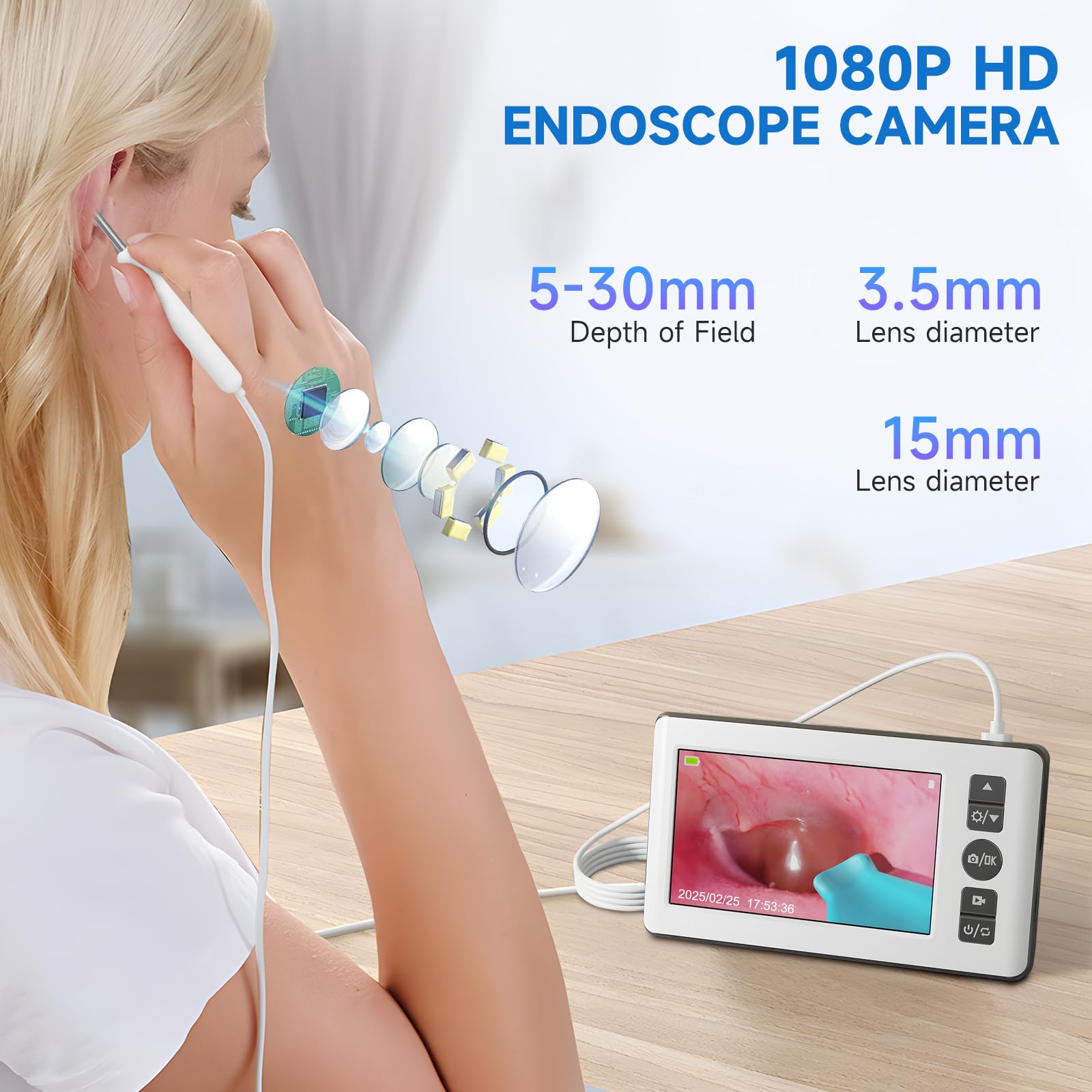Otoscopio Limpiador de Oídos, 4.3 '' 1080p HD IPS Endoscopio de Oído con 6 Endoscopio LED, Boucher y Play, 3,5 mm Profesional Otoscopio con 64G Tarjeta de Memoria para Niños y Adultos