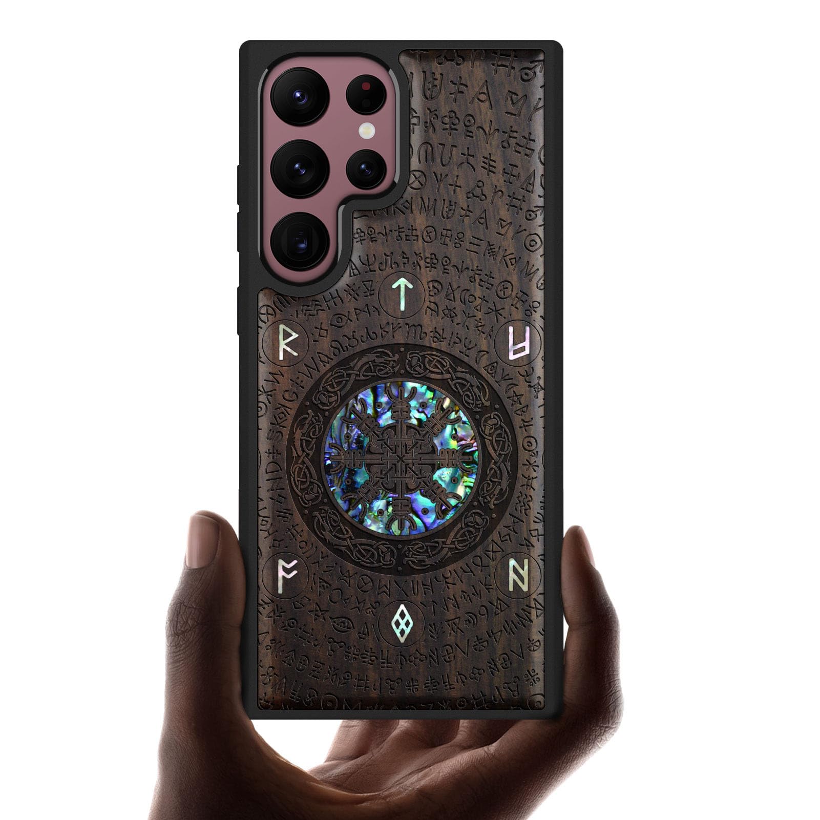 Carveit Designer Wooden Cover for Samsung Galaxy S22 Ultra Case [Wood Engraving & Shell Inlay] Unique Wood Phone Case Compatible with Wireless