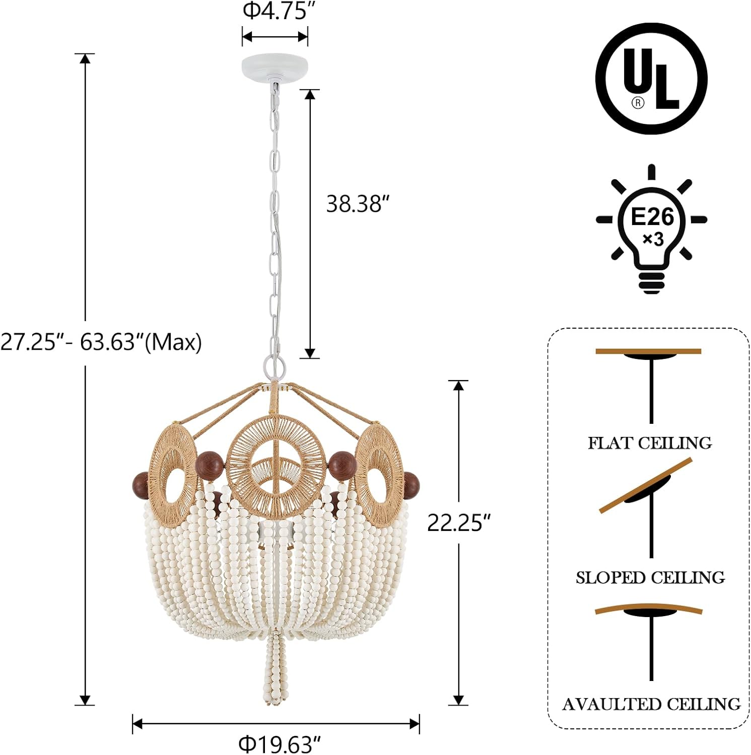 20” Boho Wood Beaded Hand Woven Rattan Pendant Light Cottage Classic Coastal Chandelier for Kitchen Island Dining Living Room Bedroom, UL Listed